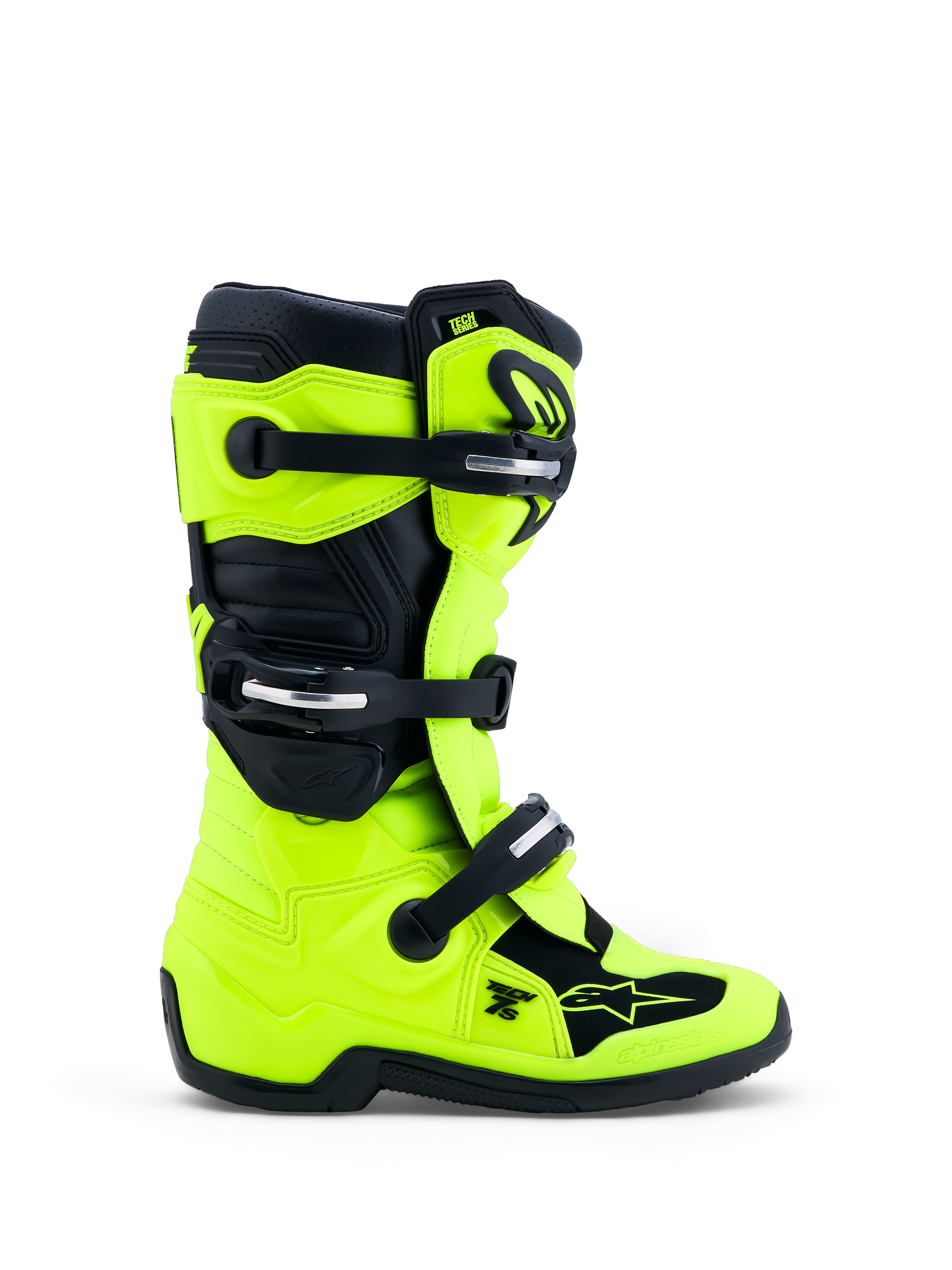 Alpinestars Ungdom Tech 7S motocrossstövlar, gul fluo och svart, CE-certifierade TPU-skydd och spännen.