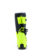 Alpinestars Ungdom Tech 7S stövlar, gul fluo och svarta motocrossstövlar, vy bakifrån med TPU-paneler och Astar-logotyp.