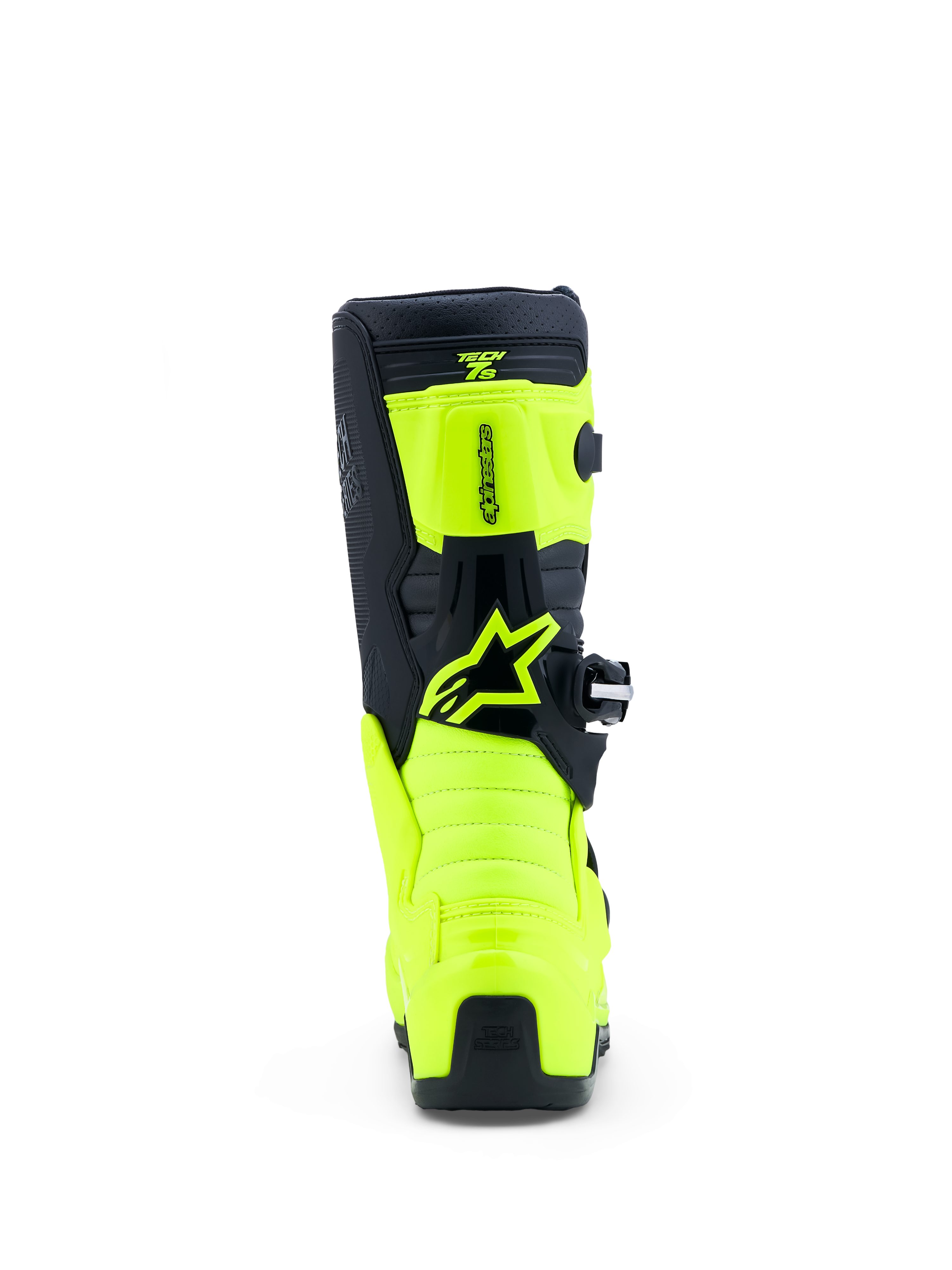 Alpinestars Ungdom Tech 7S stövlar, gul fluo och svarta motocrossstövlar, vy bakifrån med TPU-paneler och Astar-logotyp.
