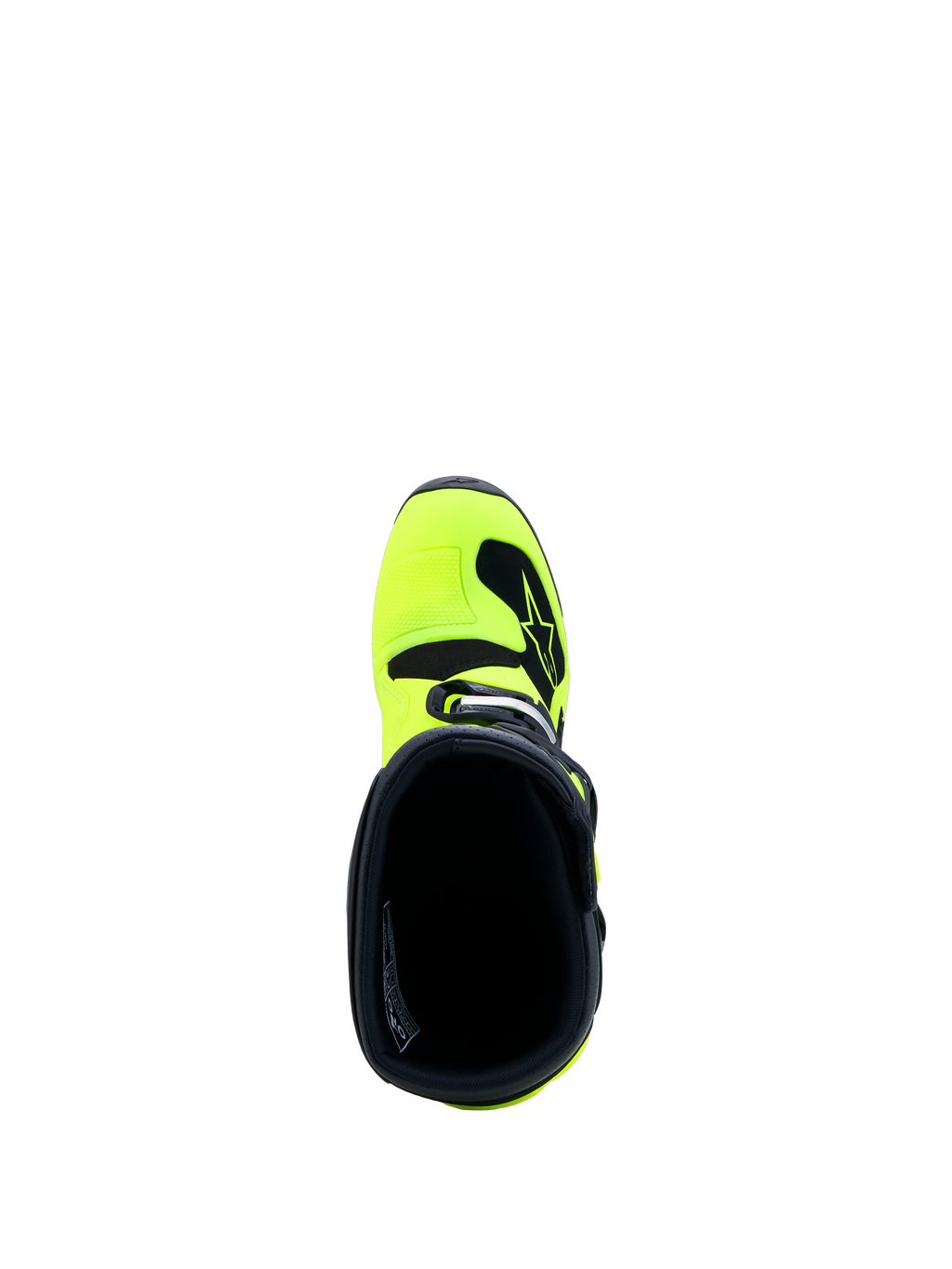 Alpinestars Ungdom Tech 7S stövlar, fluogula och svarta motocross-stövlar för juniorer, vy uppifrån av den inre kragen.