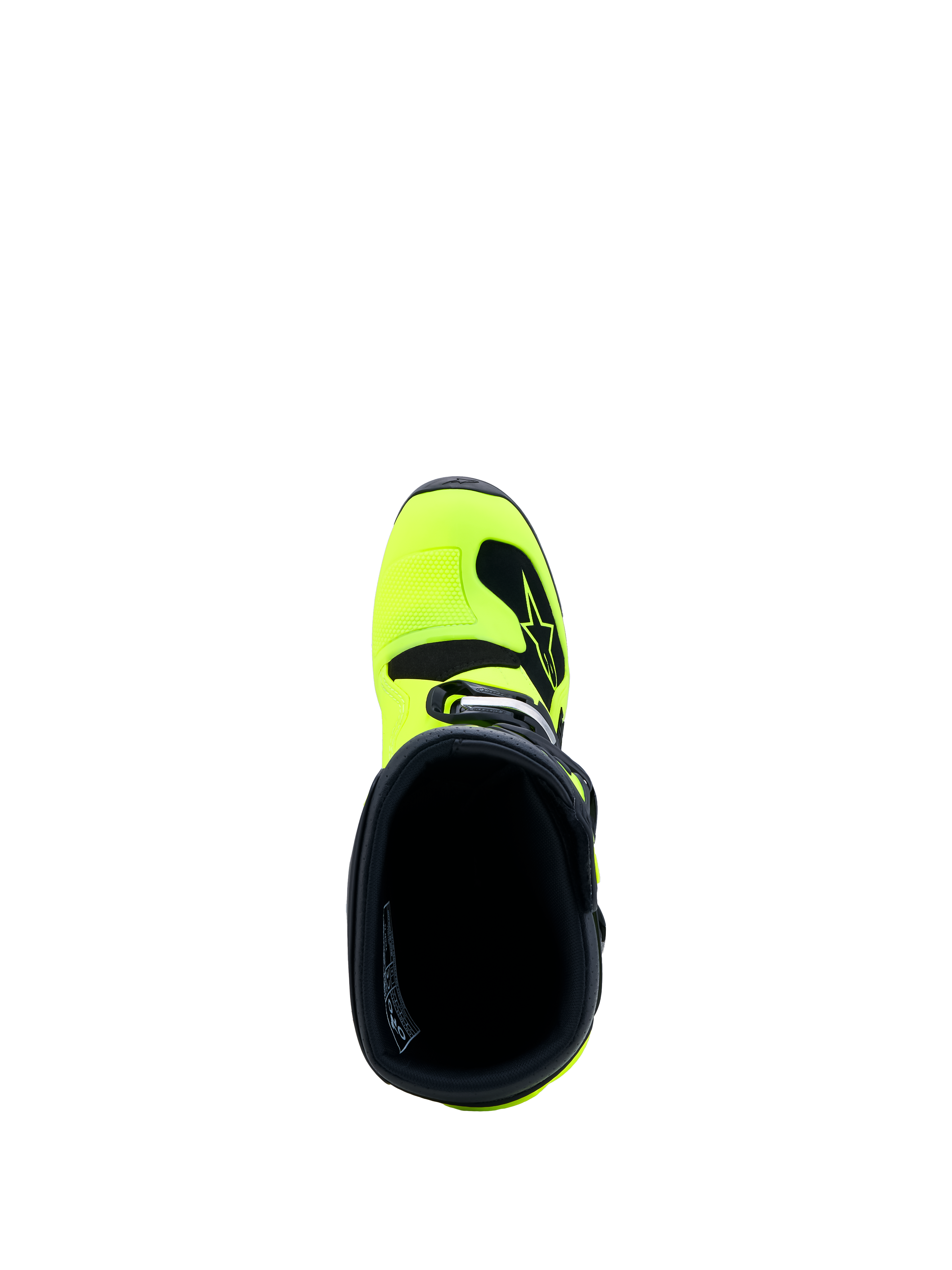Alpinestars Ungdom Tech 7S stövlar, fluogula och svarta motocross-stövlar för juniorer, vy uppifrån av den inre kragen.