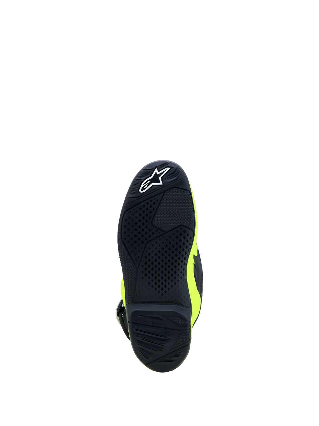 Alpinestars Ungdom Tech 7S stövlar, motocrossstövlar för barn, gul fluo och svart, närbild av gummisulan med högpresterande greppmönster, CE-certifierade
