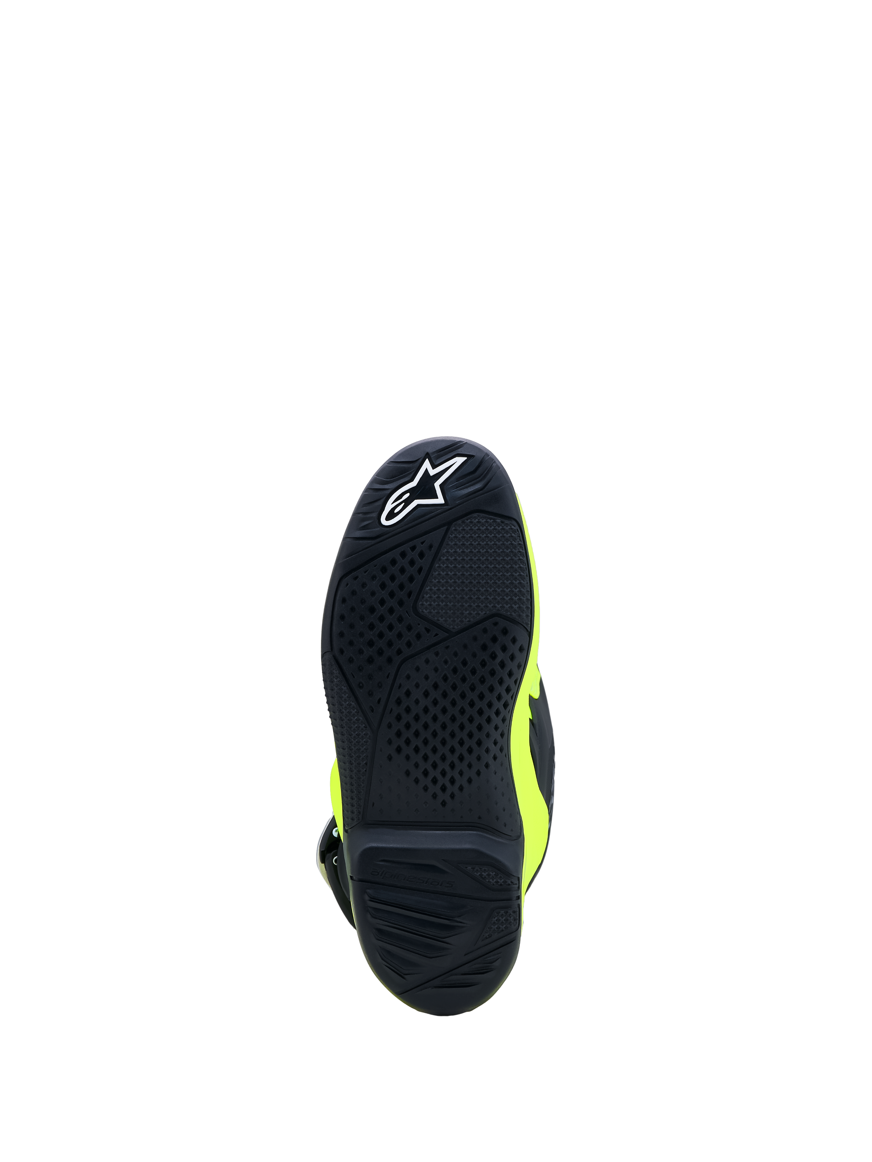 Alpinestars Ungdom Tech 7S stövlar, motocrossstövlar för barn, gul fluo och svart, närbild av gummisulan med högpresterande greppmönster, CE-certifierade