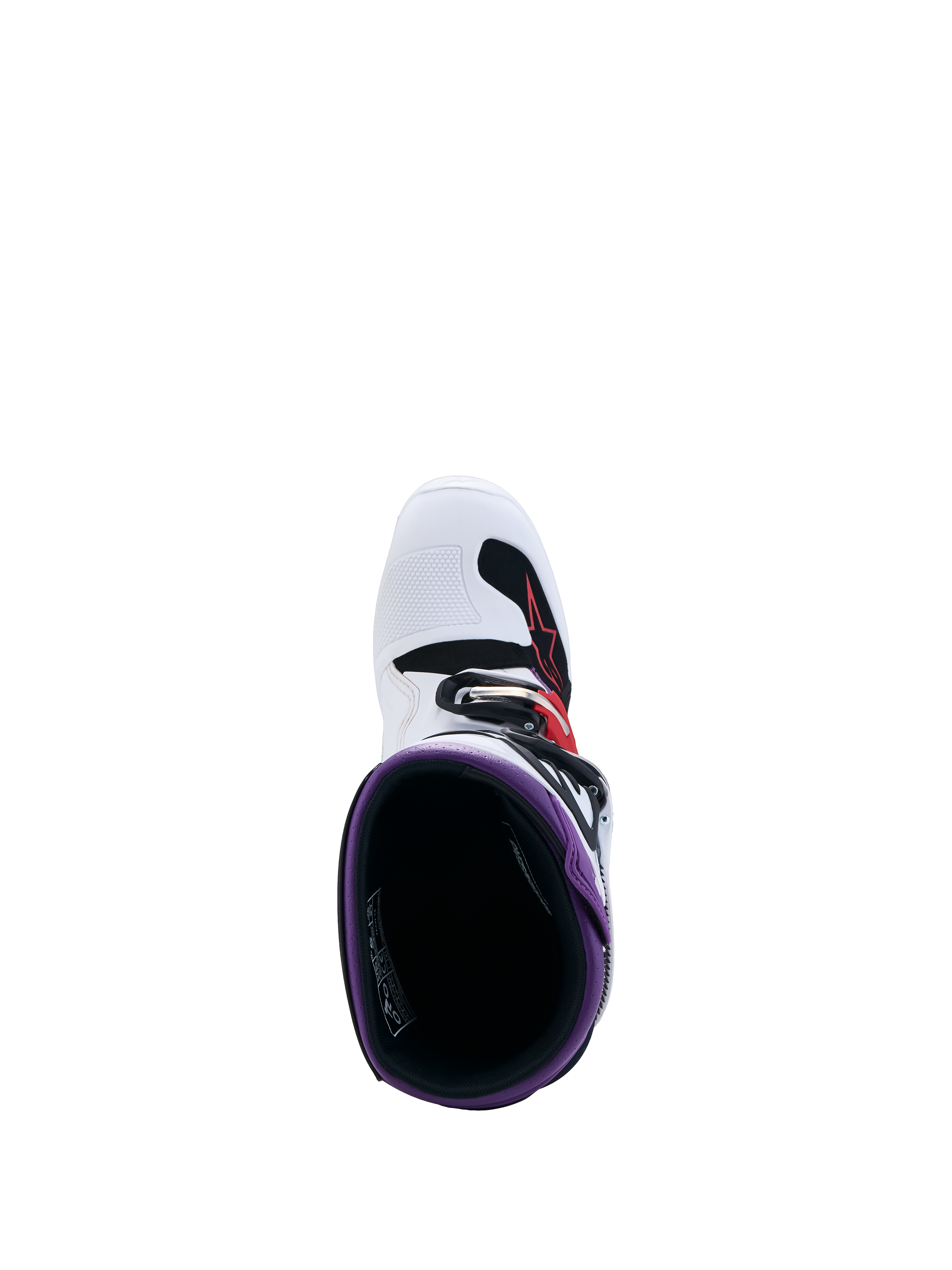 Alpinestars Youth Tech 7S Motocross Boots, youth off-road footwear in blue and white, top-down interior view.