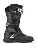 Alpinestars Toucan GORE-TEX Boots, Adventure Touring Motorcycle Boots, Black, profile view featuring dual silver aluminum buckles, GORE-TEX branding, reinforced shin guard with white logo, and rugged lugged sole
