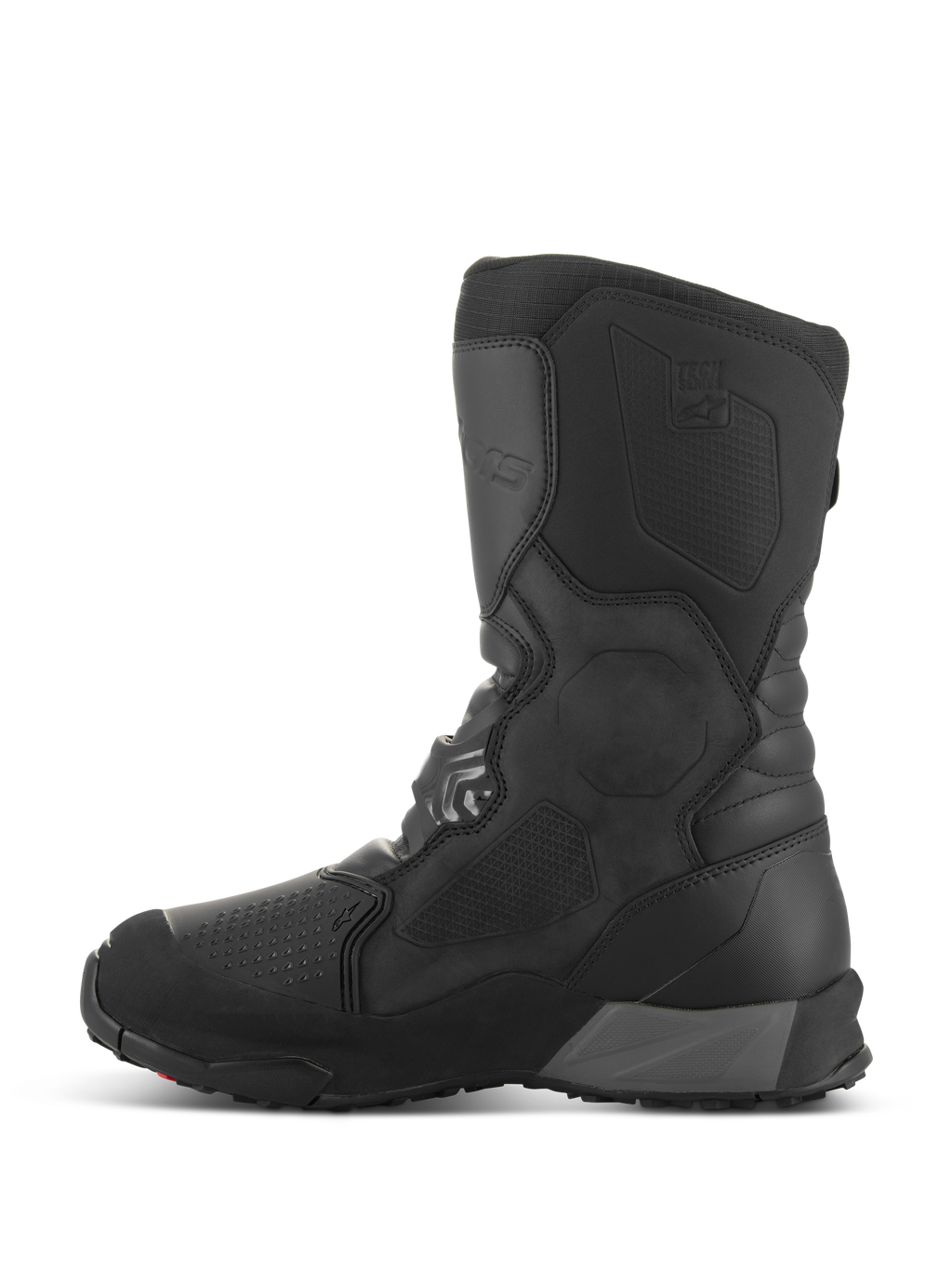 Alpinestars XT-8 GORE-TEX Boots, Adventure Enduro Motorcycle Boots, Black Black, side profile view featuring a tall shaft, reinforced shin and toe areas, textured protective panels, and a rugged outsole for all-terrain performance.