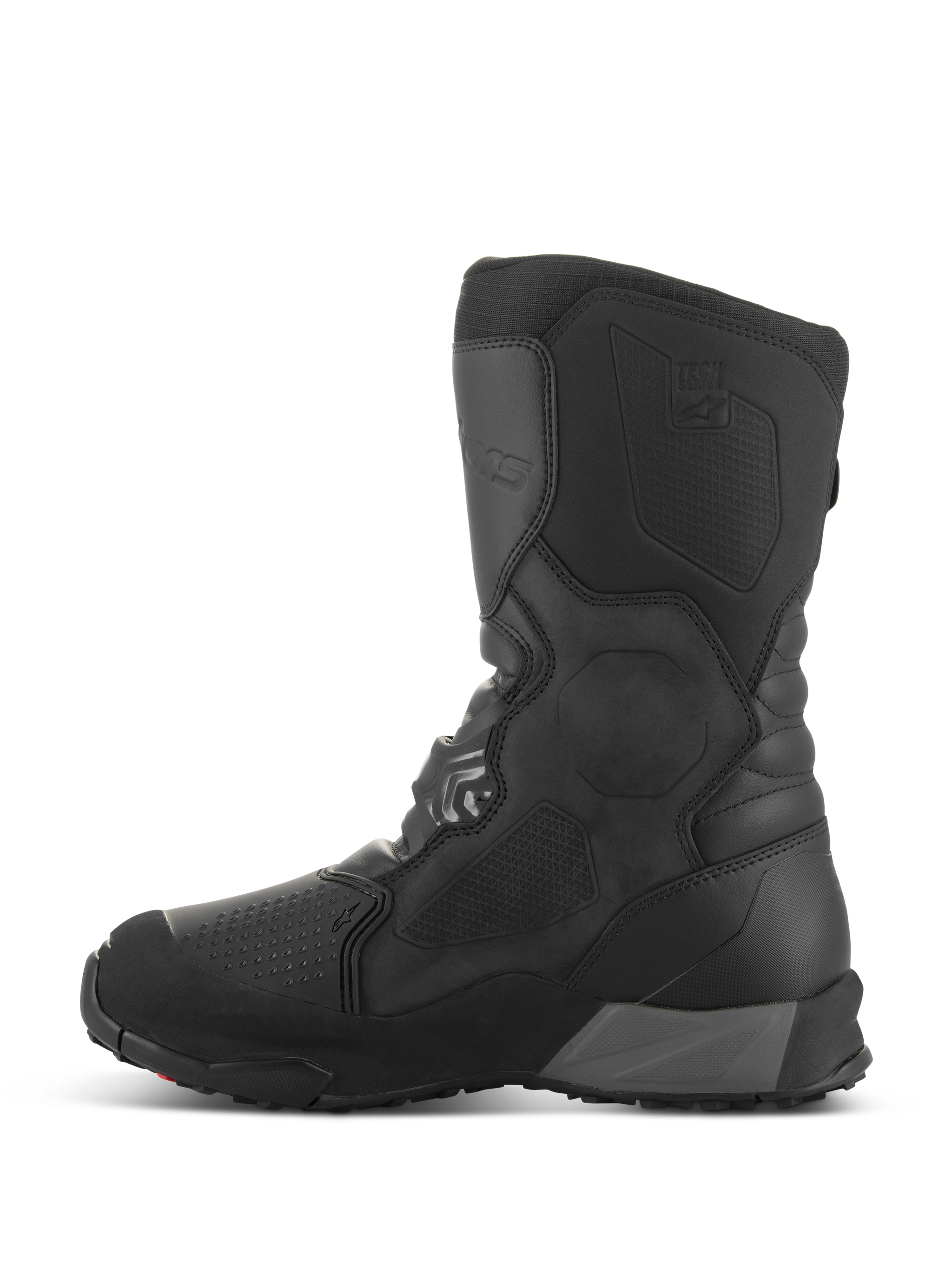 Alpinestars XT-8 GORE-TEX Boots, Adventure Enduro Motorcycle Boots, Black Black, side profile view featuring a tall shaft, reinforced shin and toe areas, textured protective panels, and a rugged outsole for all-terrain performance.