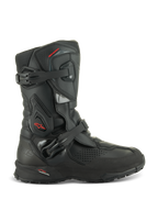 Alpinestars XT-8 GORE-TEX Boots, Black Adventure Enduro Motorcycle Boots, side profile, two buckle fastening system, protective TPU panels, red Alpinestars star logo, rugged lug outsole, waterproof and breathable GORE-TEX membrane