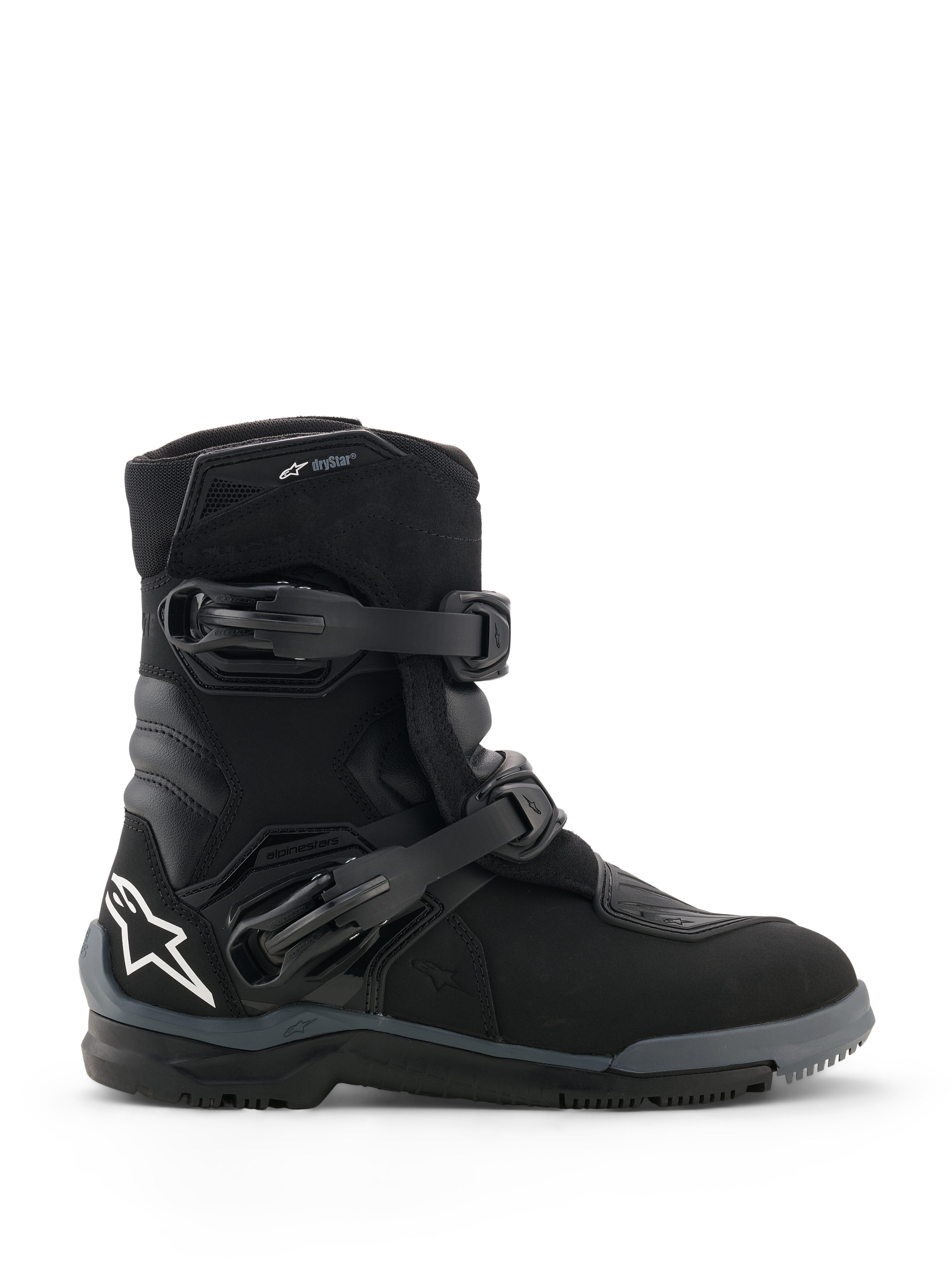 Alpinestars Belize V2 Drystar® Boots, Black Motorcycle Boots, side profile view featuring two adjustable buckle closures, white Alpinestars star logo on the heel, rugged off-road sole, and waterproof design for adventure riding