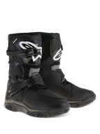 Alpinestars Belize Drystar® Boots, Adventure Touring Motorcycle Boots, Black, low-cut design with dual buckle closure system, TPU shin plate featuring white Alpinestars logo, rugged vulcanized rubber outsole for trail and road use