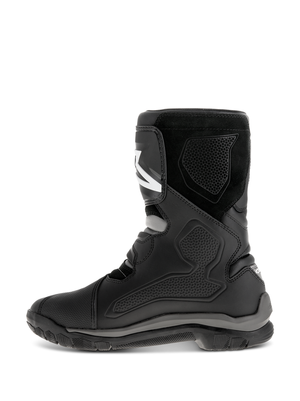 Alpinestars Belize Drystar® Boots, Black motorcycle boots, side profile view showing leather construction with TPU protection panels, suede texture, and a rugged vulcanized rubber outsole for adventure touring