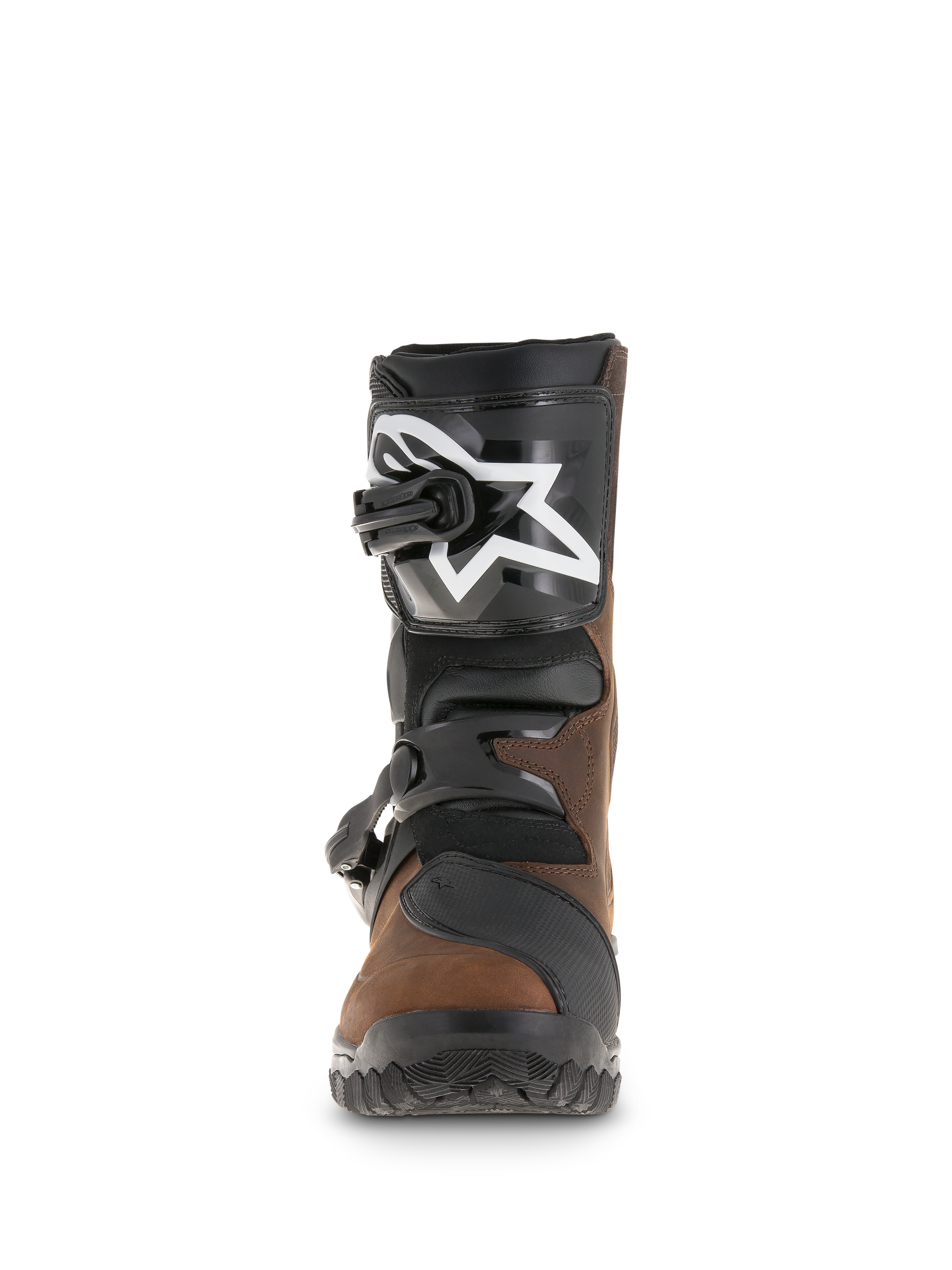Alpinestars Belize Drystar® Boots, Adventure Touring Boots, Oiled Brown and Black, front view showing TPU shin plate with white star logo, dual buckle closure system, and rugged textured sole