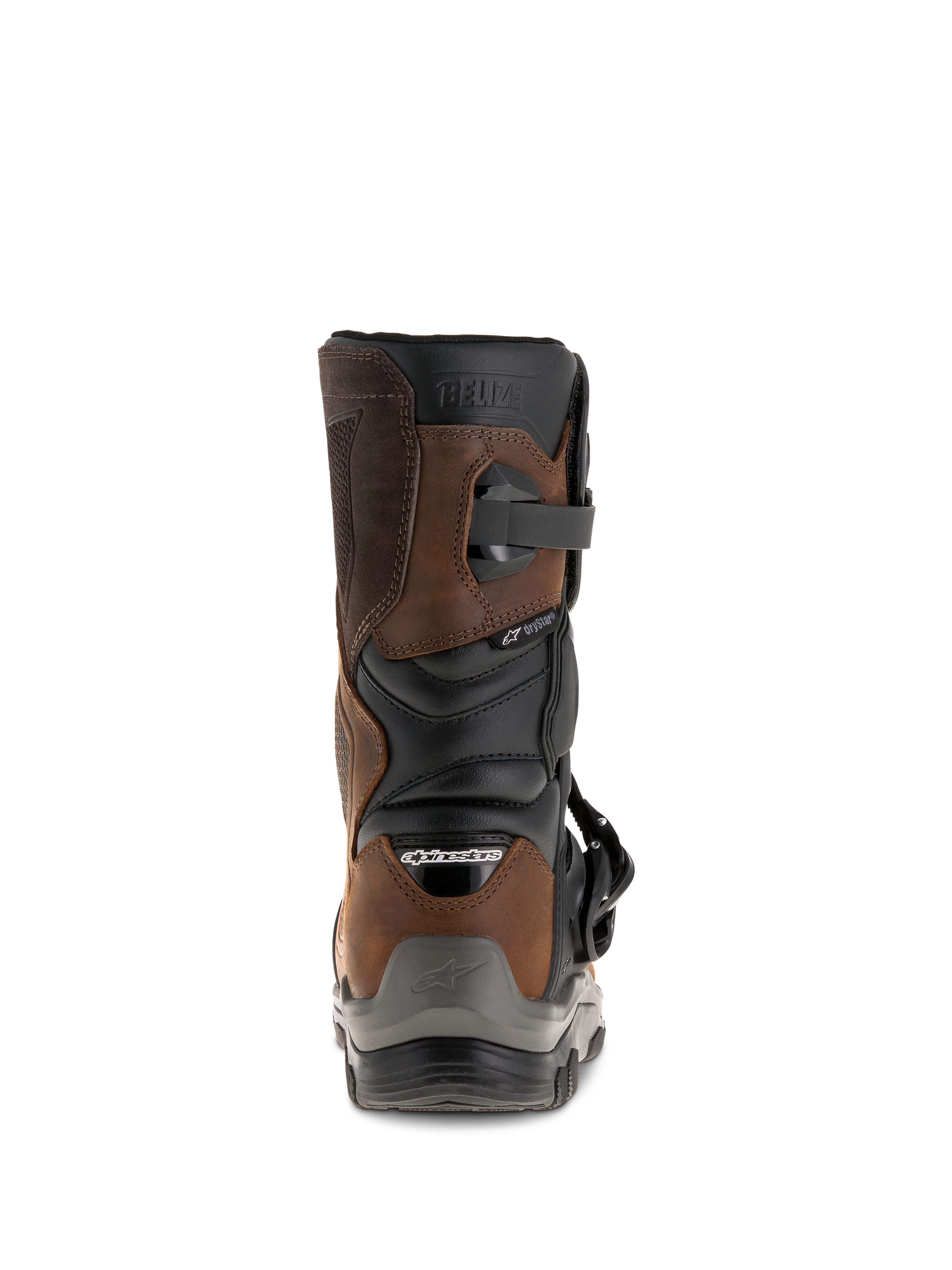 Alpinestars Belize Drystar® Boots, rear view, Oiled Brown and Black, waterproof adventure touring motorcycle boots featuring a short-calf design, embossed 'BELIZE' logo, and rugged heel protector.
