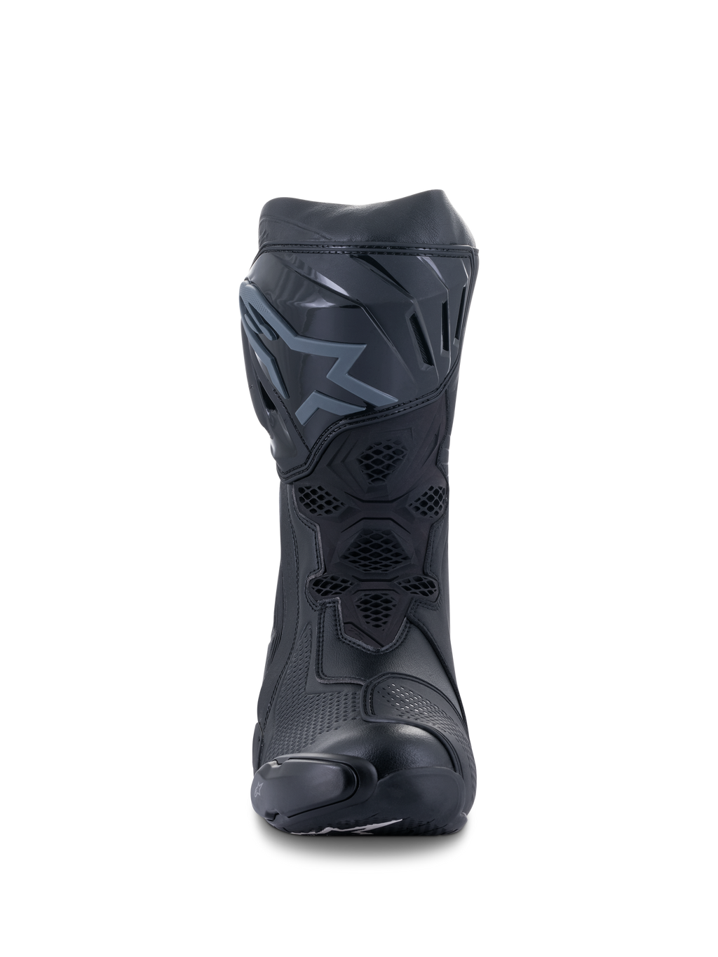 Alpinestars Supertech R Boots, Racing Motorcycle Boots, Black and Black, front view showing the TPU shin plate with logo, mesh ventilation panels, and streamlined protective construction