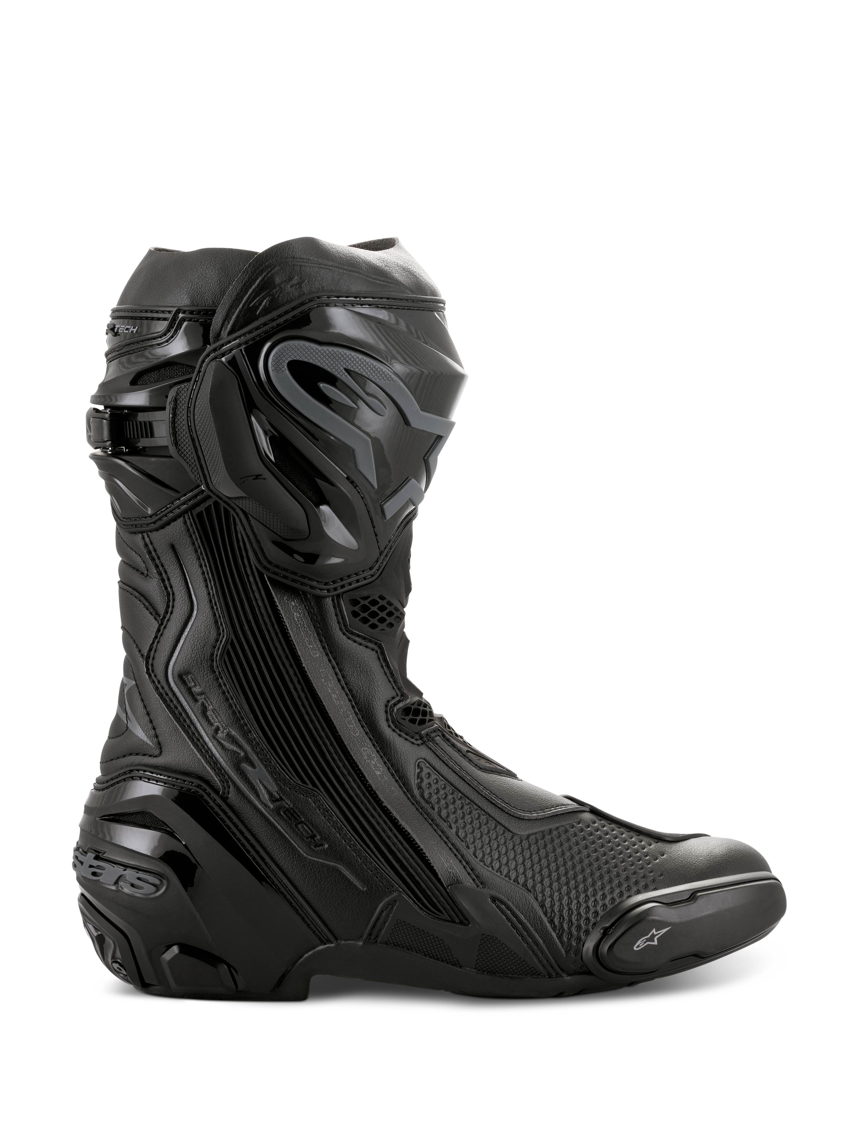 Alpinestars Supertech R Boots, High-Performance Motorcycle Racing Boots, All Black, side profile view showing TPU shin protector, replaceable toe slider, and reinforced heel, professional track-ready design