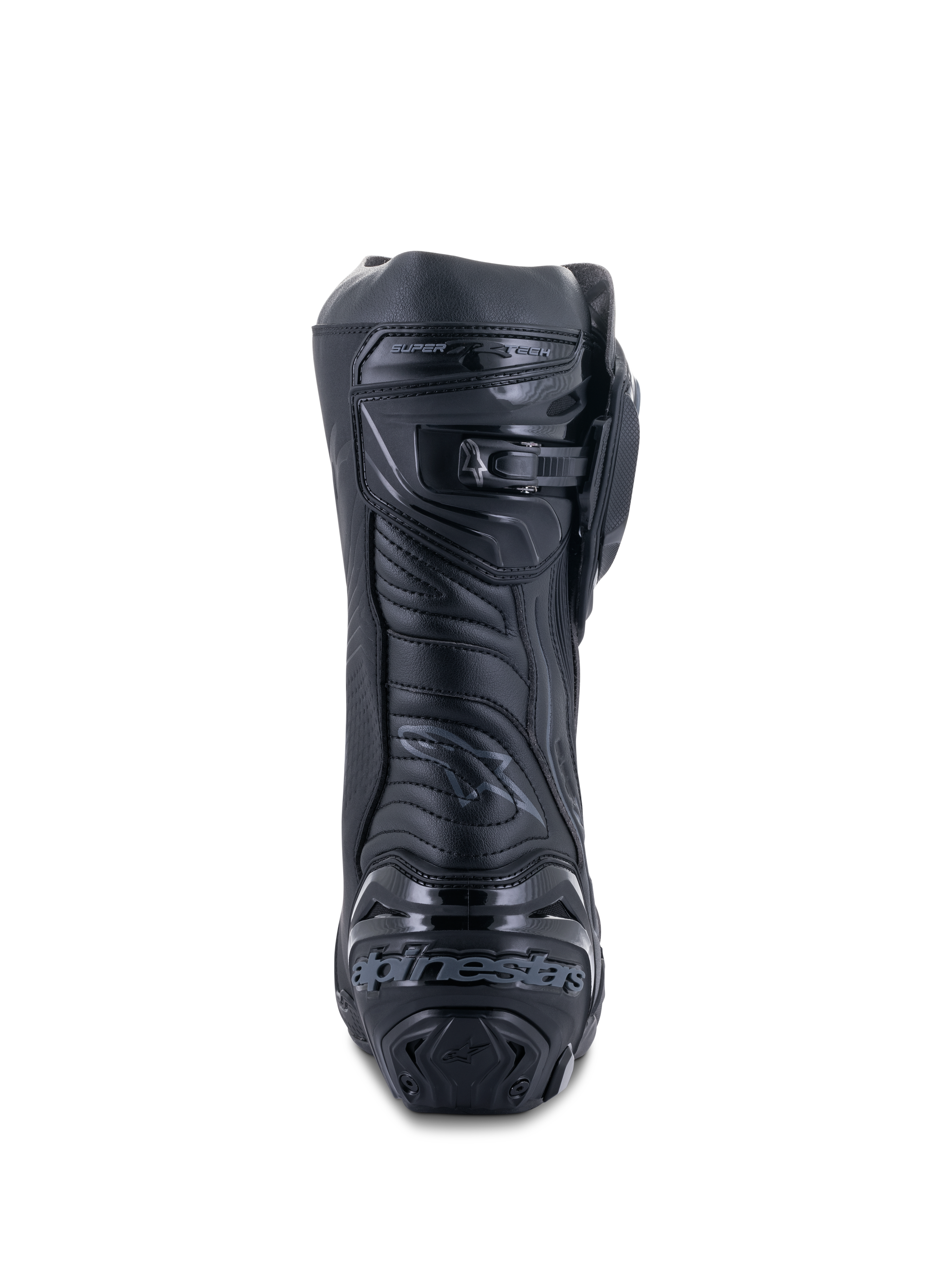 Alpinestars Supertech R Boots, Black Black, rear view showing reinforced heel plate with branding, micro-adjustable ratchet calf closure, and flexible Achilles zone, professional racing motorcycle footwear