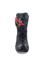 Alpinestars Supertech R Boots, Performance Racing Motorcycle Boots, Black with Red Logo, front view featuring a protective TPU shin plate, honeycomb mesh ventilation, and aerodynamic racing design
