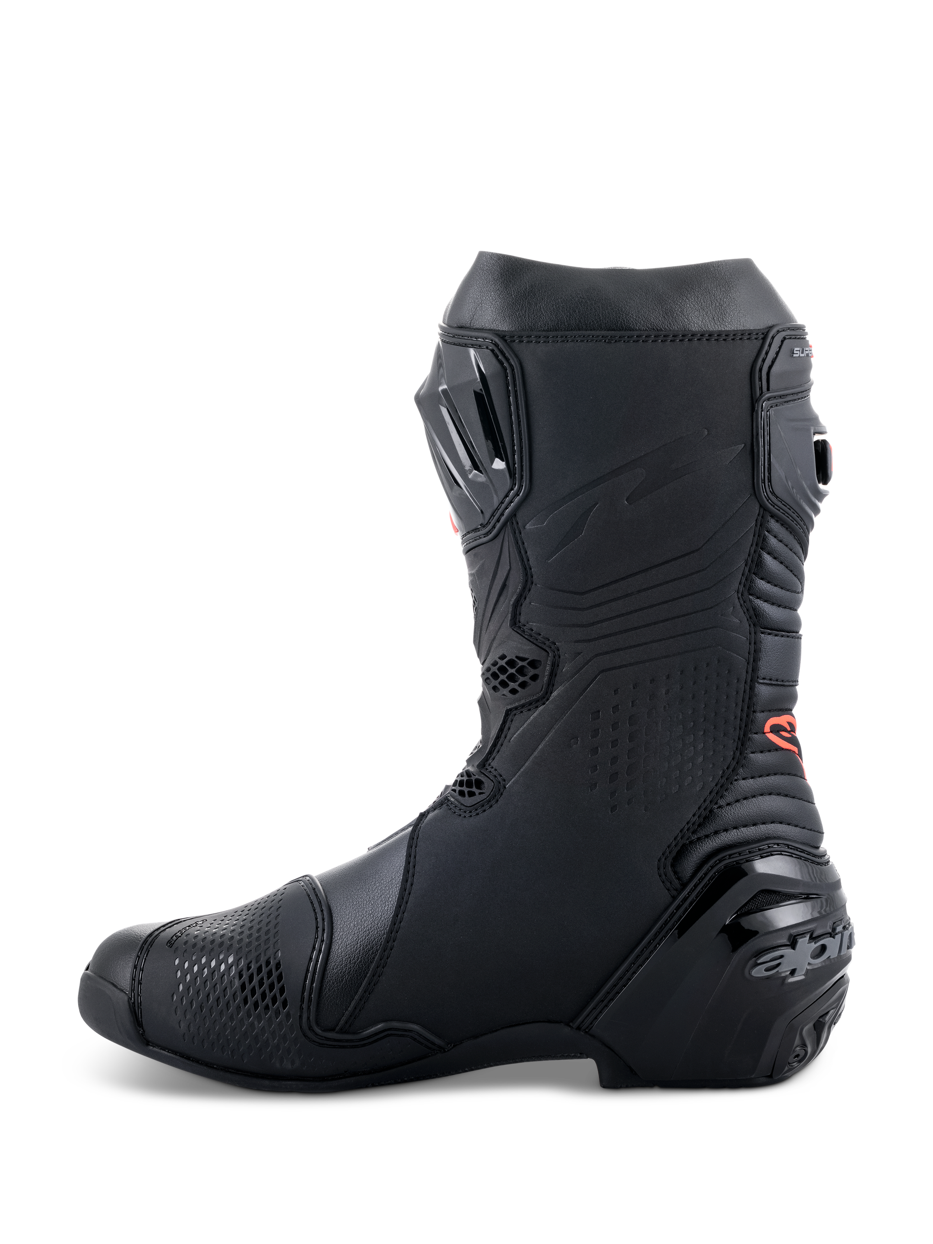 Alpinestars Supertech R Boots, high-performance motorcycle racing boots, sleek all-black design with red logo detail, side profile featuring reinforced heel and TPU protection panels