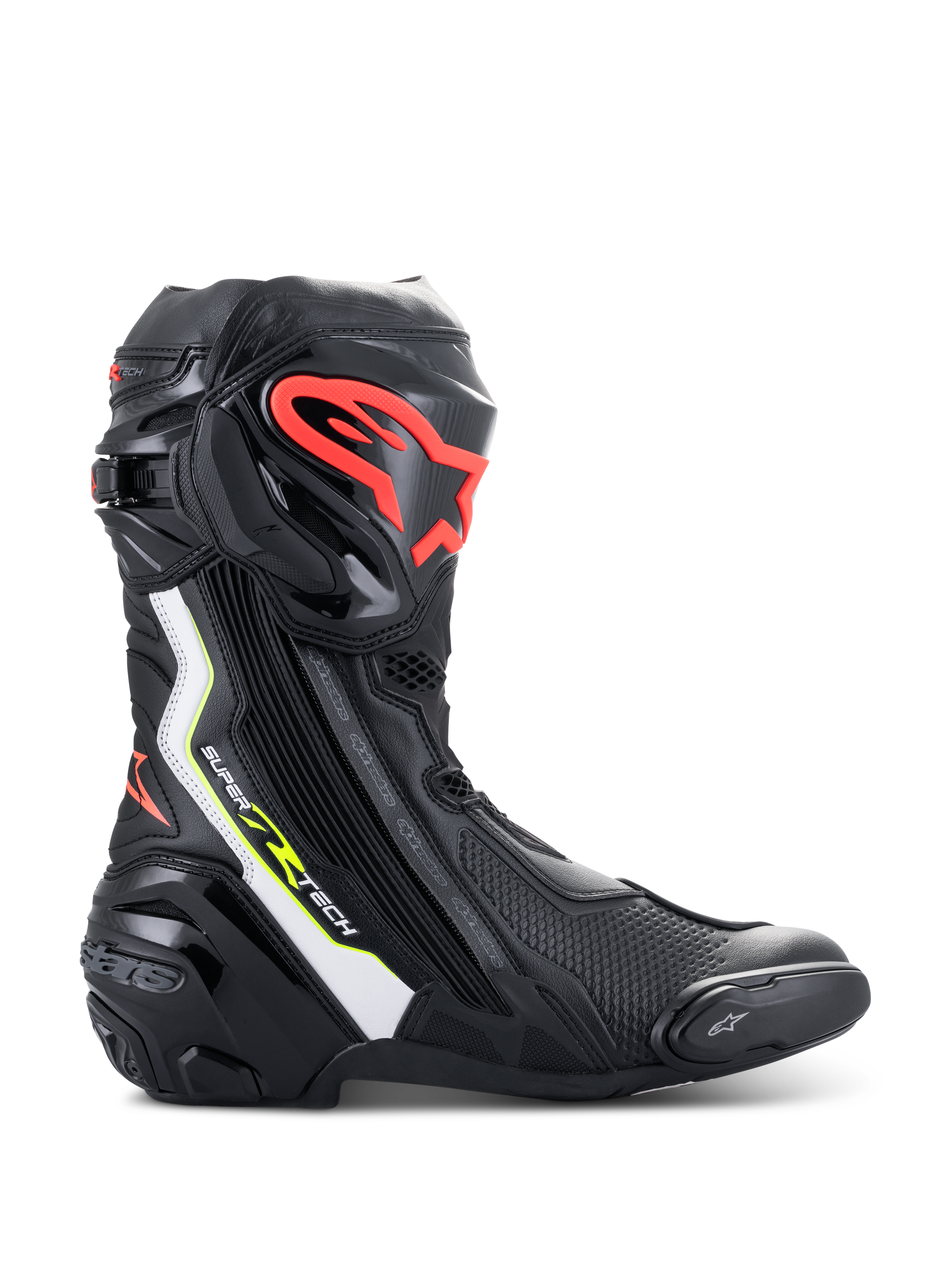 Alpinestars Supertech R Boots, high-performance motorcycle racing boots in black with white, red fluo, and yellow fluo accents, featuring a protective TPU shin plate with a red logo, replaceable toe slider, and sleek aerodynamic profile.