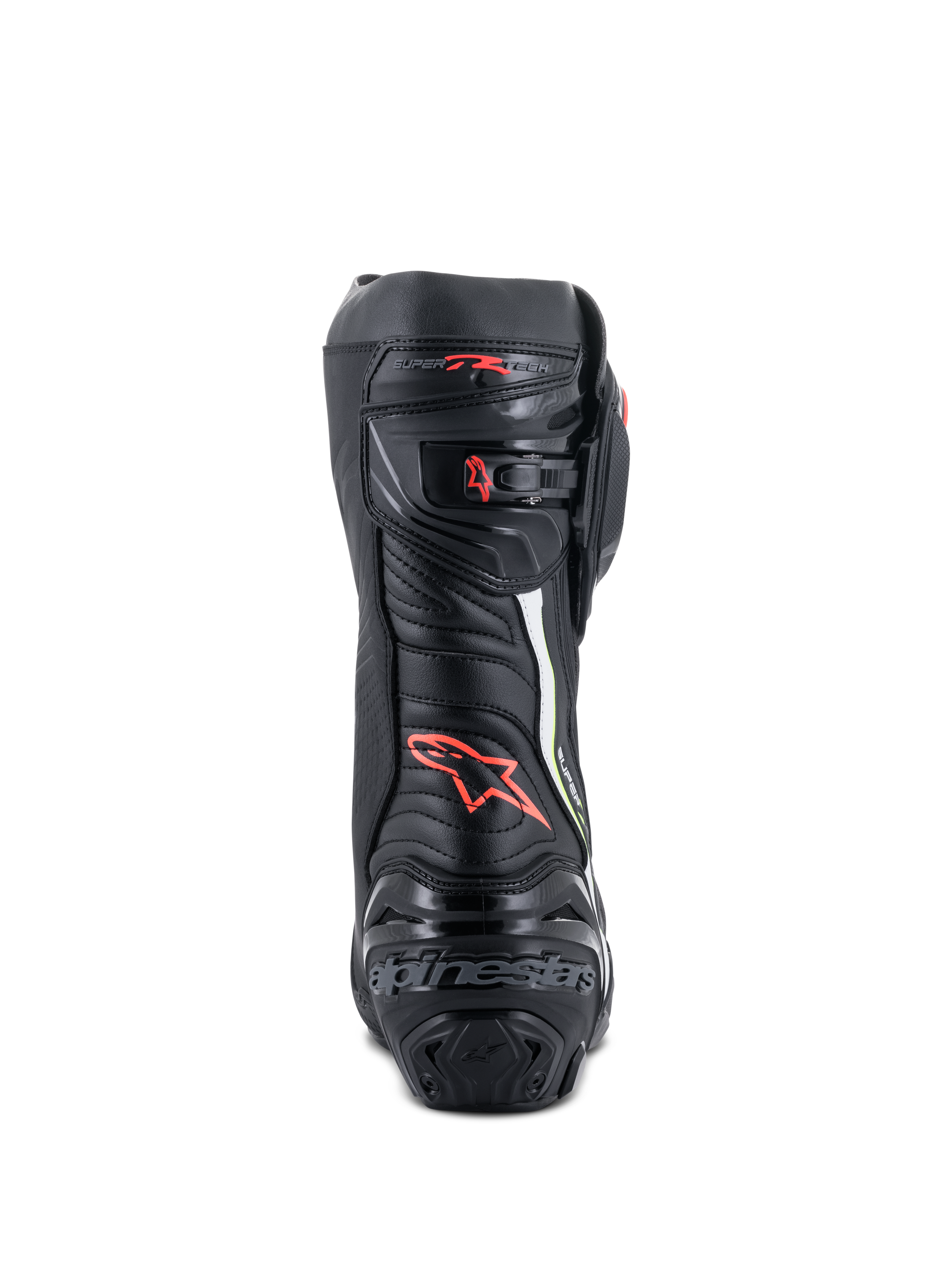 Alpinestars Supertech R Boots, high-performance racing motorcycle boots, rear view in black with red and yellow fluo accents, featuring TPU heel protection, a micro-adjustable ratchet closure, and signature branding.