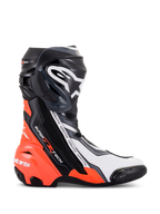 Alpinestars Supertech R Boots, high-performance racing motorcycle footwear, Black Red Fluo White and Gray, profile view showing TPU shin plate and toe slider, aerodynamic design with bold branding for track and road use.