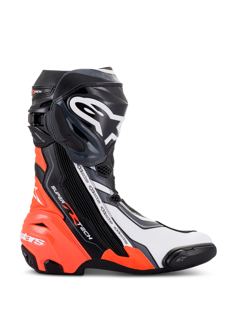 Alpinestars Supertech R Boots, high-performance racing motorcycle footwear, Black Red Fluo White and Gray, profile view showing TPU shin plate and toe slider, aerodynamic design with bold branding for track and road use.