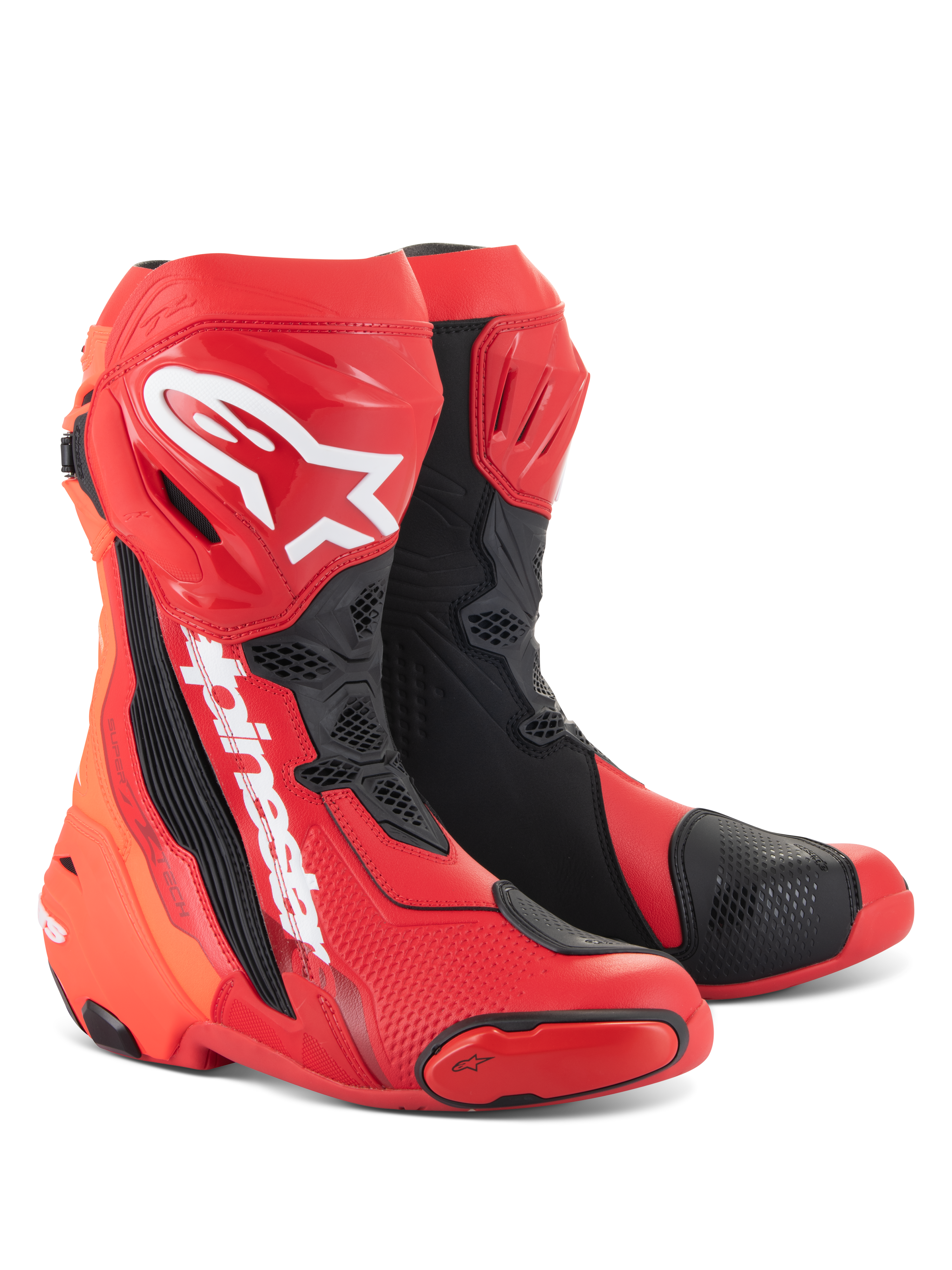 Alpinestars Supertech R Boots, Motorcycle Racing Boots, Bright Red and Red Fluo with black and white accents, featuring white Alpinestars logos on the shin, reinforced protective plates, and replaceable toe sliders, high-performance footwear for sport and racing.