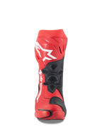 Alpinestars Supertech R Boots, Bright Red and Red Fluo, front view featuring a large white Astars logo on the shin plate, black mesh ventilation panels, and a technical racing design for motorcycle track performance