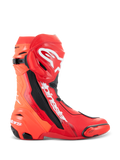 Alpinestars Supertech R Boots, Motorcycle Racing Boots, Bright Red and Red Fluo, high-performance track design featuring TPU shin plate, replaceable toe slider, and white Alpinestars logo, side profile view