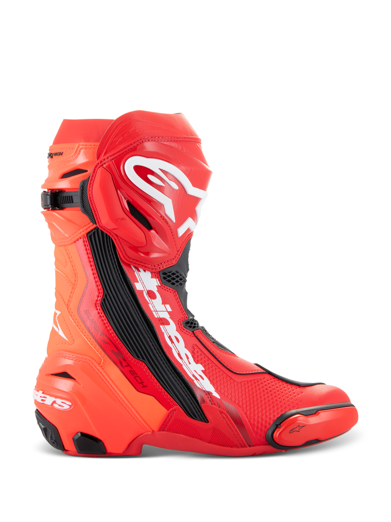 Alpinestars Supertech R-stövlar, racingstövlar för motorcykel, Bright Red och Red Fluo, högpresterande bandesign med TPU-skenbensplatta, utbytbar tåslider och vit Alpinestars-logotyp, sidoprofil