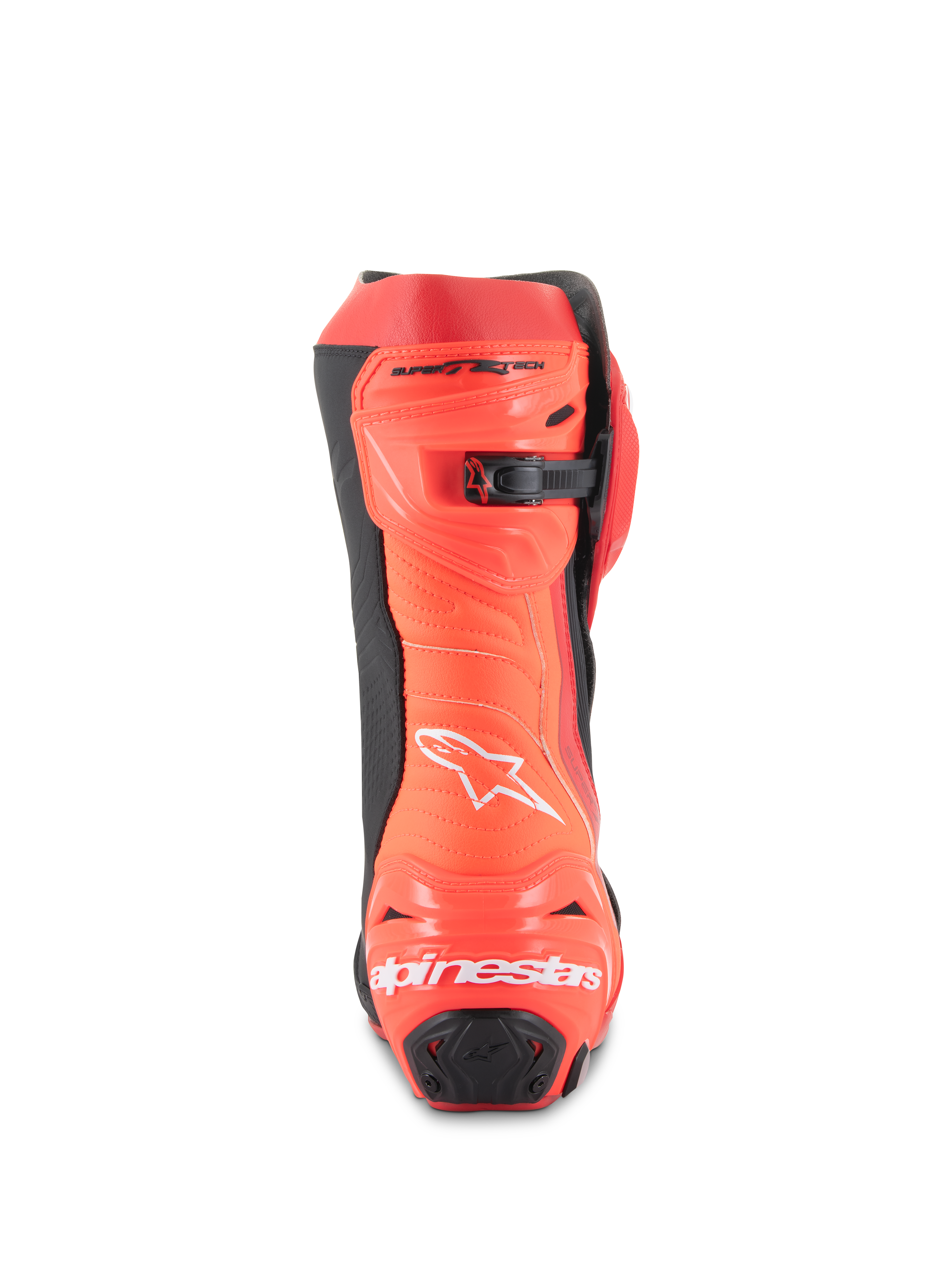 Alpinestars Supertech R Boots, Motorcycle Racing Boots, Bright Red and Red Fluo, rear view showing the heel protector with white branding, black accents, and micro-adjustable ratchet closure at the calf.