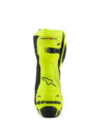 Alpinestars Supertech R Boots, Motorcycle Racing Boots, Yellow Fluo and Black, rear view featuring reinforced heel protector, adjustable calf closure, and bold branding, high-visibility fluorescent finish for track and road performance