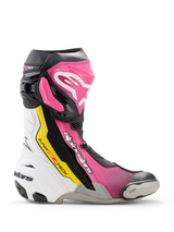 Alpinestars Supertech R stövlar, högpresterande racingmotorcykelstövel i svart, magenta, vitt och neon gult, sidoprofil med TPU-skydd, utbytbar tåslider och ergonomisk racingdesign.