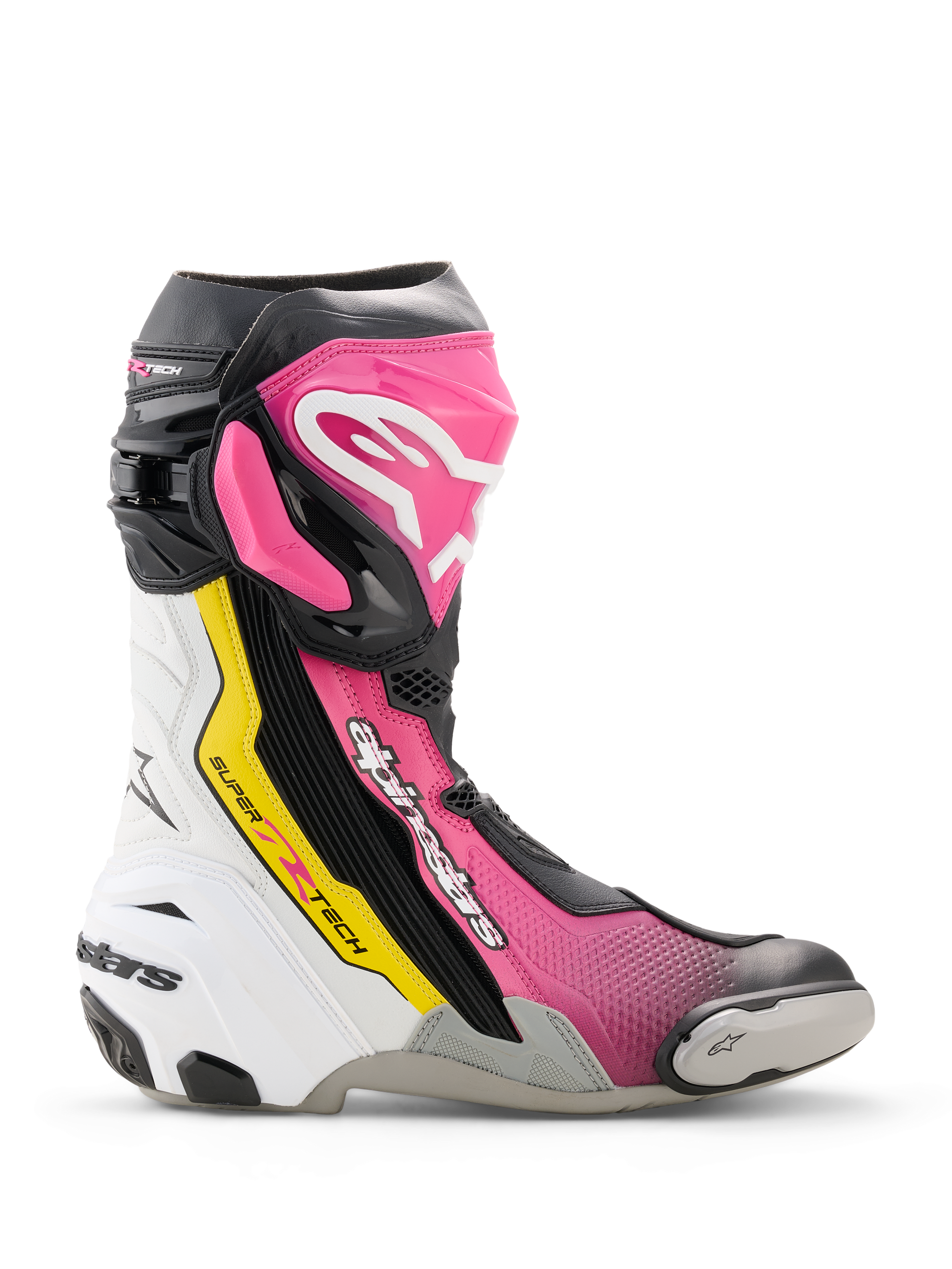Alpinestars Supertech R stövlar, högpresterande racingmotorcykelstövel i svart, magenta, vitt och neon gult, sidoprofil med TPU-skydd, utbytbar tåslider och ergonomisk racingdesign.