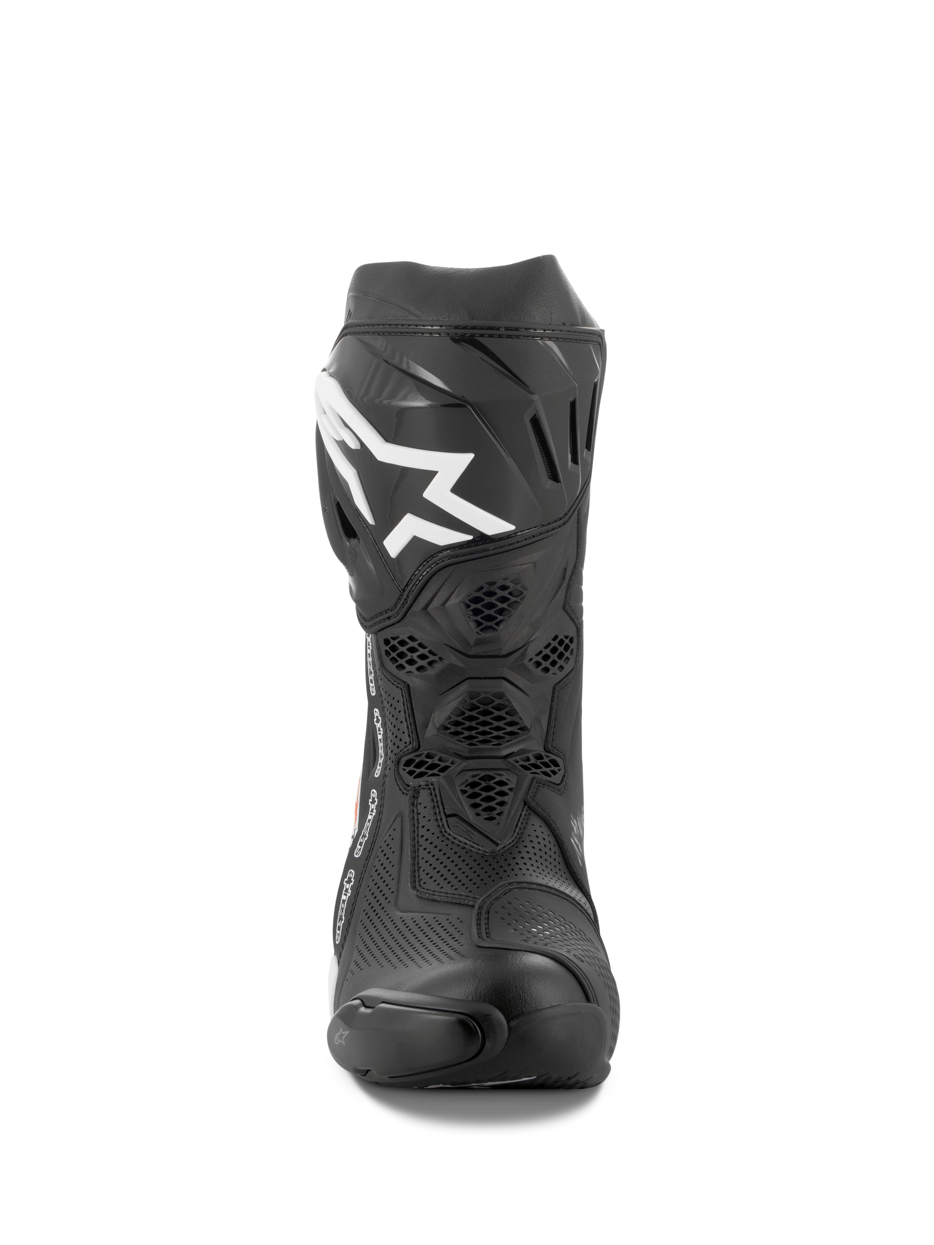 Alpinestars Supertech R Vented Boots, Motorcycle Racing Boots, Black and White, front view showing perforated microfiber construction, white Alpinestars logo on the shin plate, and durable TPU protection.