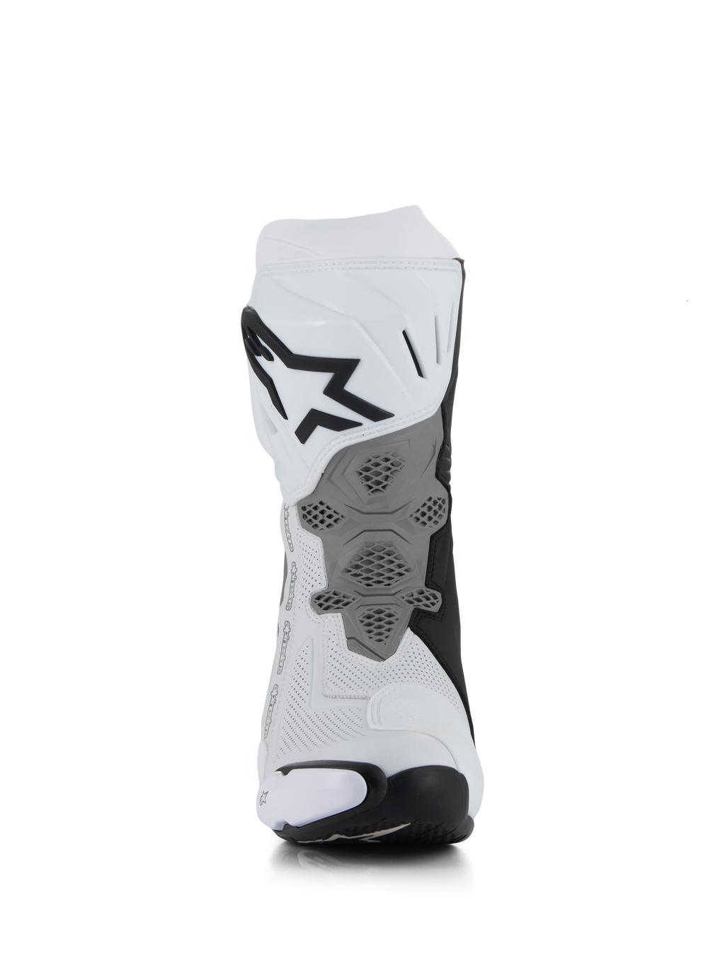Alpinestars Supertech R Vented Boots, White Mid Gray Black, rear view showing perforated microfiber construction, redesigned grey heel plate with honeycomb texture, bold black logo on upper calf, professional racing and sport motorcycle footwear