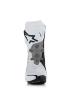 Alpinestars Supertech R Vented Boots, White Mid Gray Black, rear view showing perforated microfiber construction, redesigned grey heel plate with honeycomb texture, bold black logo on upper calf, professional racing and sport motorcycle footwear