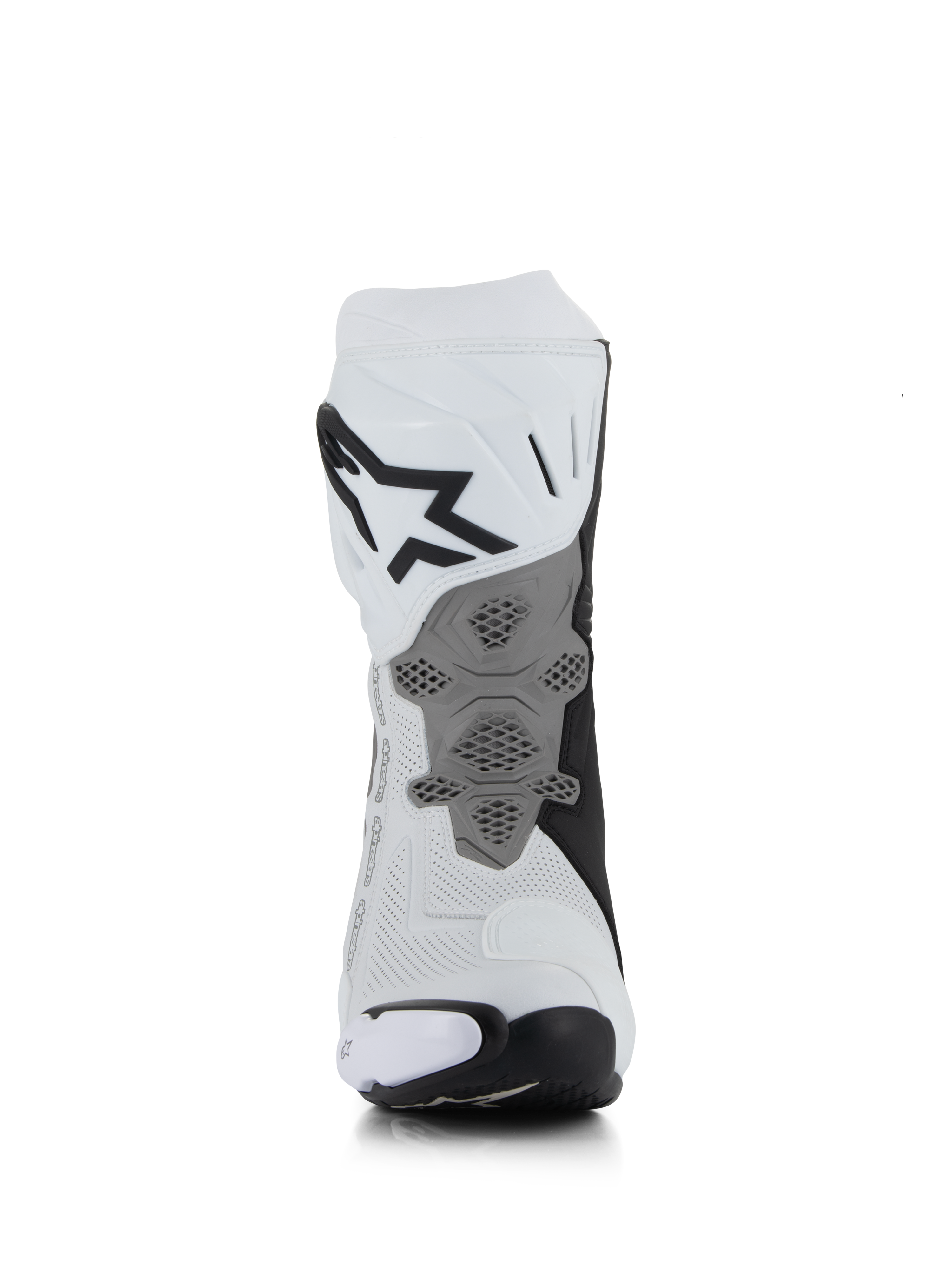 Alpinestars Supertech R Vented Boots, White Mid Gray Black, rear view showing perforated microfiber construction, redesigned grey heel plate with honeycomb texture, bold black logo on upper calf, professional racing and sport motorcycle footwear