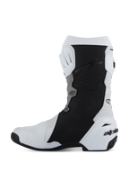 Alpinestars Supertech R Vented Boots, Racing/Sport Motorcycle Footwear, White Mid Gray and Black, side profile view of the medial side featuring perforated microfiber for airflow, black protective grip panels, and white TPU heel counter with branding.