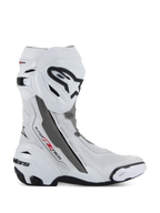 Alpinestars Supertech R Vented Boots, Motorcycle Racing Boots, White with Mid Gray and Black accents, side profile view showing perforated microfiber panels for airflow, large black and white Alpinestars logo on the shin, aerodynamic design with replaceable sliders and black rubber sole.