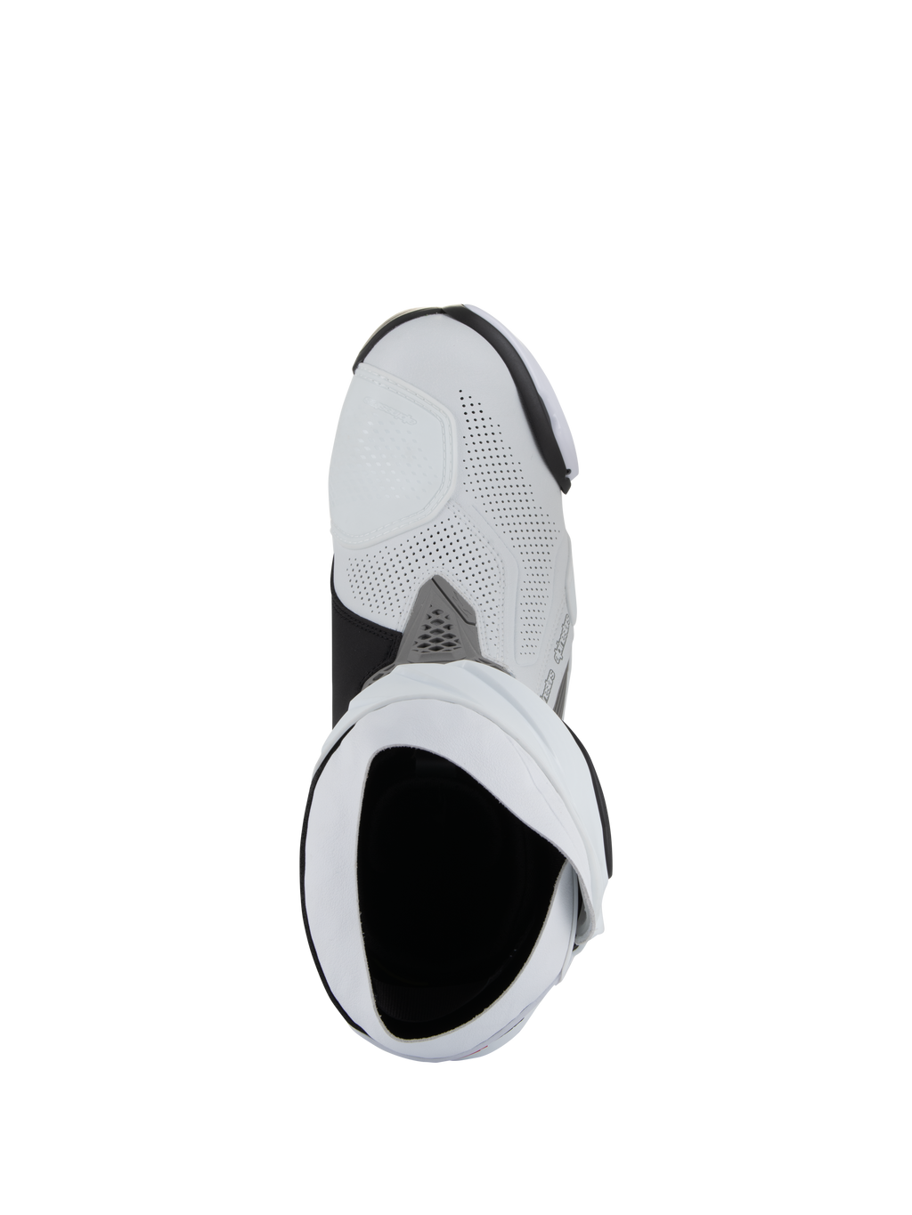 Alpinestars Supertech R Vented Boots, Motorcycle Racing Boots, White Mid Gray and Black, top-down bird's-eye view looking into the boot opening, featuring perforated microfiber construction and sleek racing design