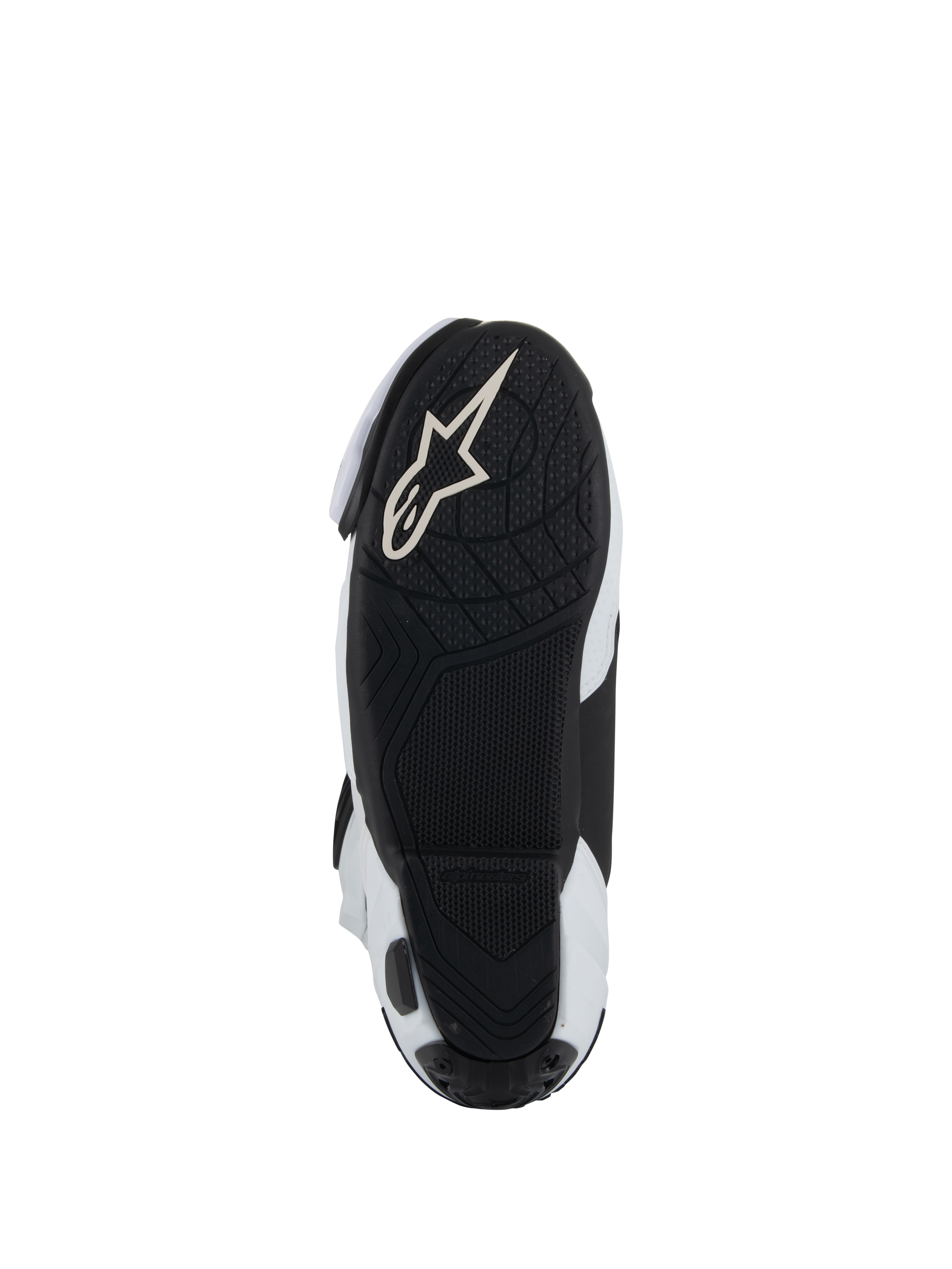 Sole of Alpinestars Supertech R Vented Boots, Black lightweight rubber outsole with textured tread for grip on pegs, featuring white Alpinestars Astar logo, White and Black colorway