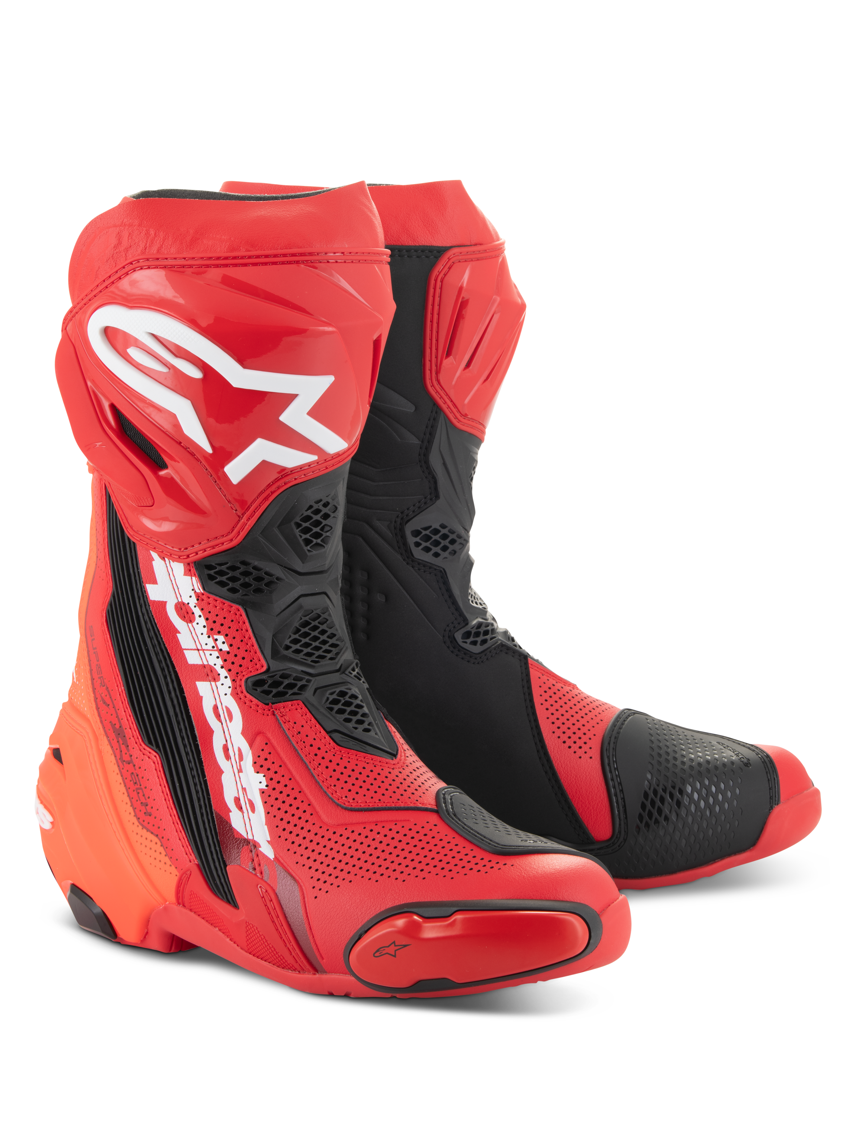 Alpinestars Supertech R Vented-stövlar, klarröda och svarta, högpresterande racingstövlar för motorcykel med omfattande perforeringar, vit A-stjärna-logotyp på smalbenet och hållbara TPU-skyddspaneler