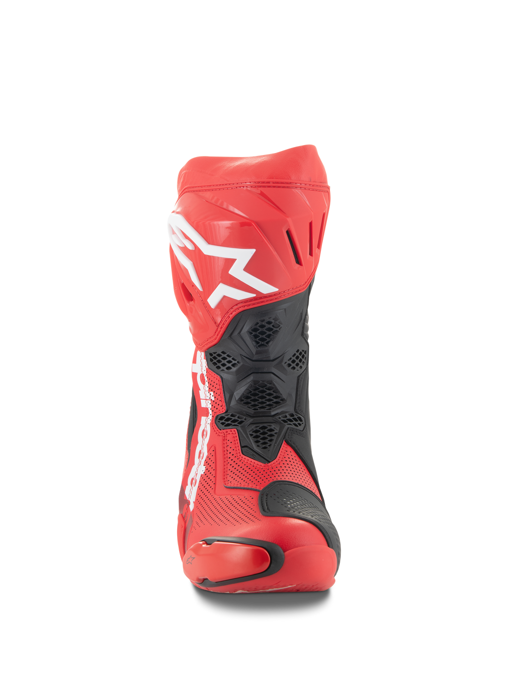 Alpinestars Supertech R Vented-stövlar, vy framifrån, klarröda och Red Fluo med svarta detaljer, vit Alpinestars-logotyp på smalbenet, perforerad mikrofiberkonstruktion för luftflöde, skyddande TPU-paneler för racing