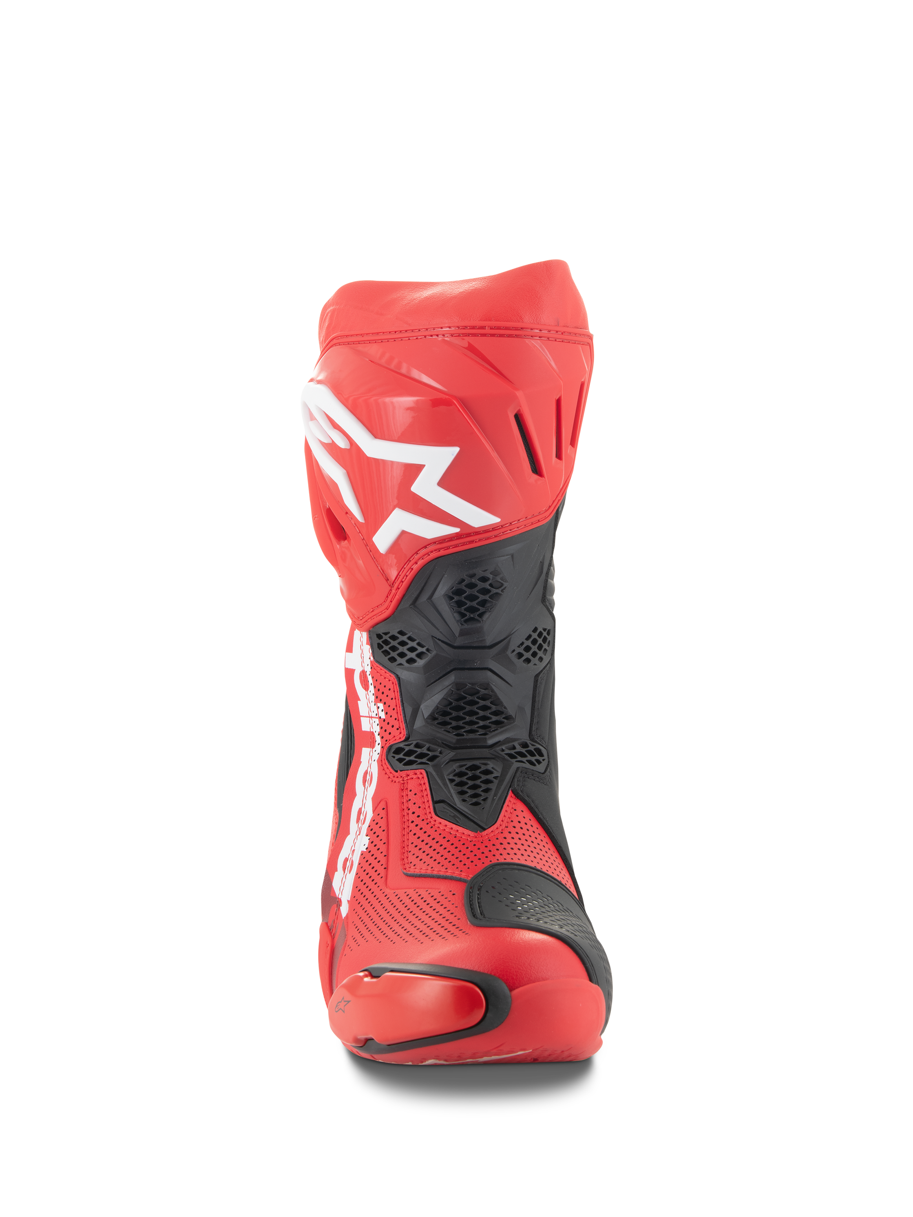 Alpinestars Supertech R Vented-stövlar, vy framifrån, klarröda och Red Fluo med svarta detaljer, vit Alpinestars-logotyp på smalbenet, perforerad mikrofiberkonstruktion för luftflöde, skyddande TPU-paneler för racing