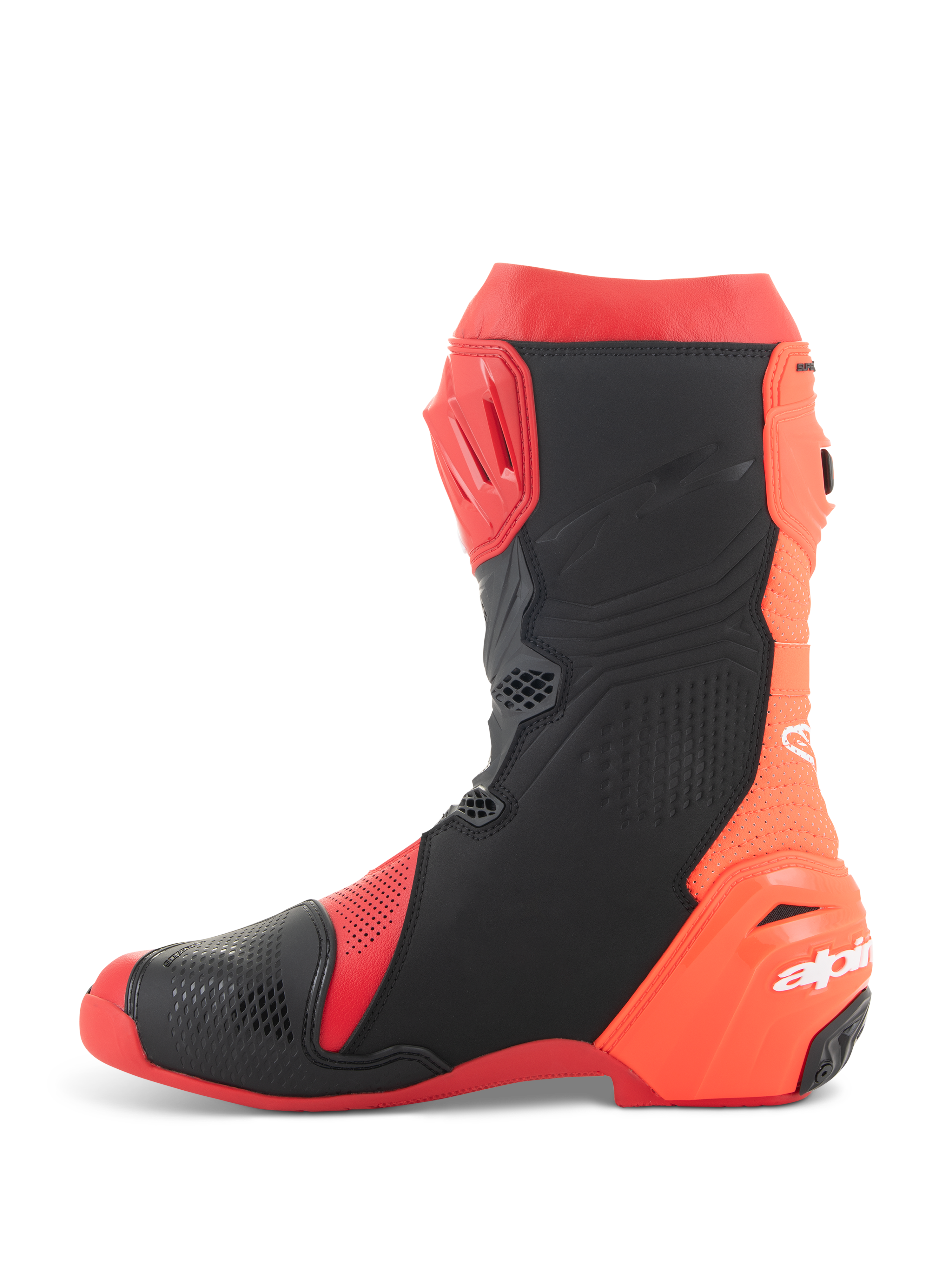 Alpinestars Supertech R Vented-stövlar, racingstövlar för motorcykel, ljusröd och röd fluo med svarta accenter, sidovy med omfattande perforeringar för maximalt luftflöde och TPU-skyddspaneler