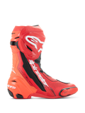 Alpinestars Supertech R Vented stövlar, motorcykelracingstövlar, ljusröd och fluorescerande röd med vita och svarta detaljer, sidoprofil med omfattande perforeringar för ventilation, vit Astar-logotyp på smalbenet, TPU-tå- och hälsliders, professionella racingskor