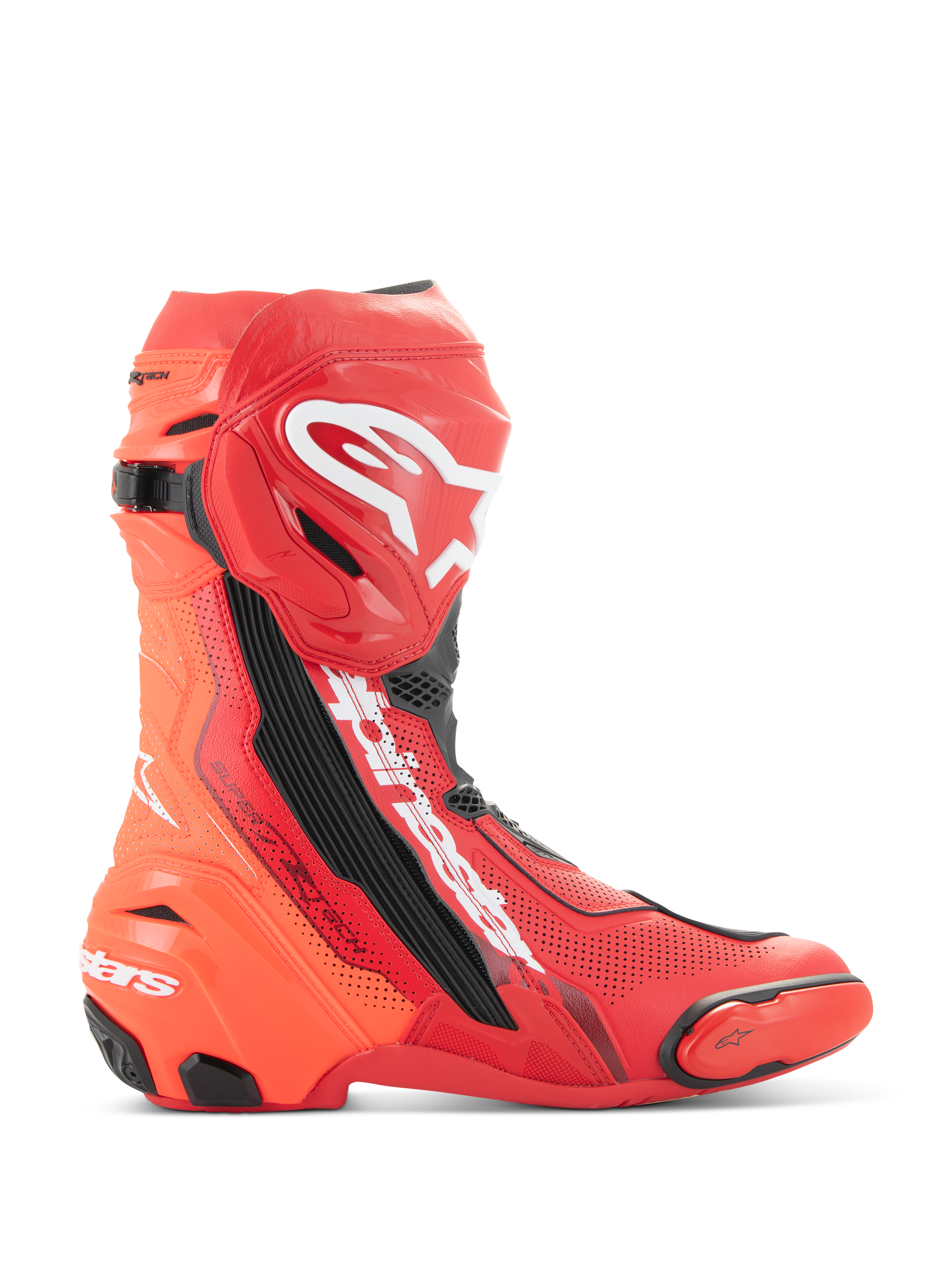 Alpinestars Supertech R Vented stövlar, motorcykelracingstövlar, ljusröd och fluorescerande röd med vita och svarta detaljer, sidoprofil med omfattande perforeringar för ventilation, vit Astar-logotyp på smalbenet, TPU-tå- och hälsliders, professionella racingskor