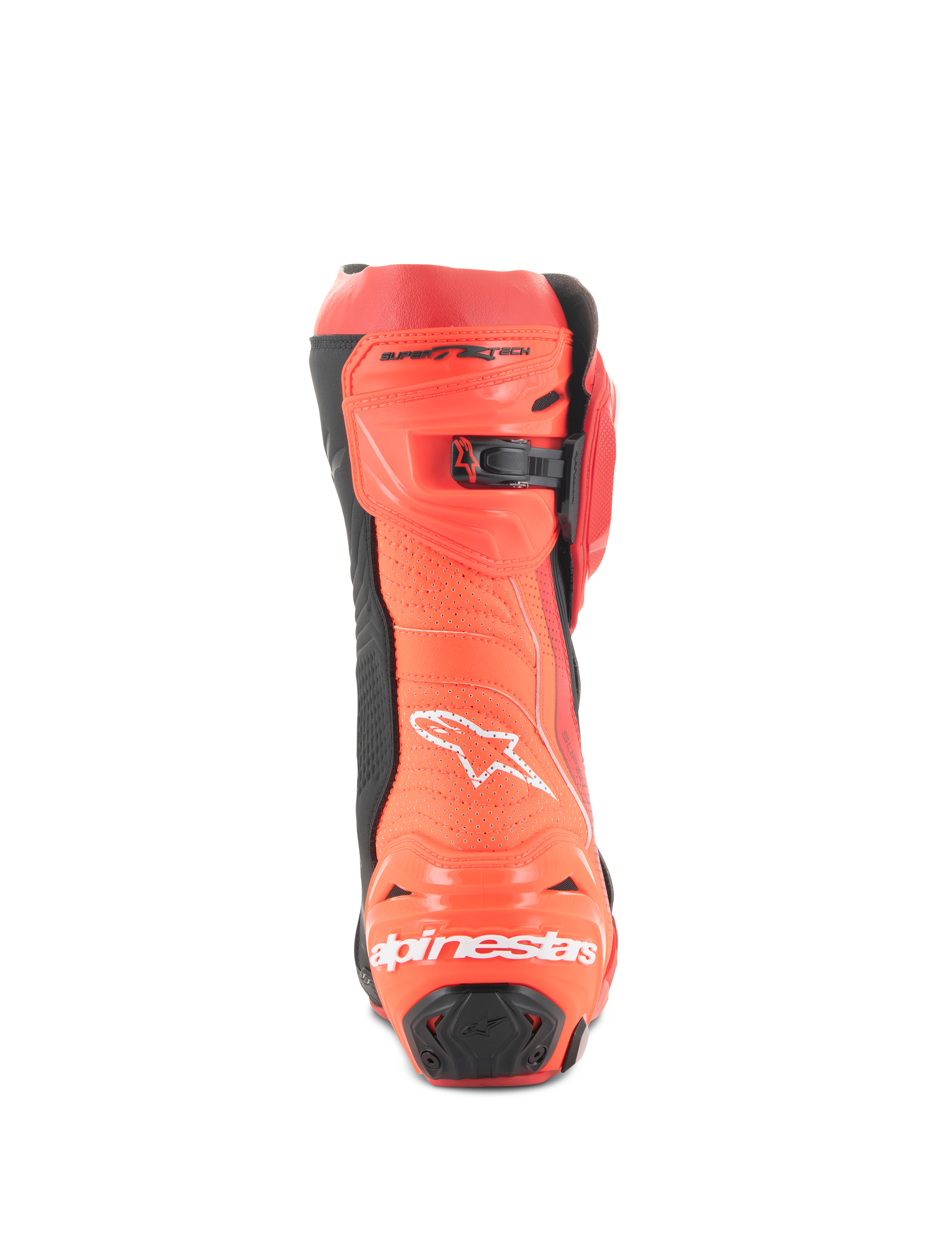 Alpinestars Supertech R Vented-stövlar, racingstövlar för motorcykel, klarröd och neonröd, baksida med perforerad konstruktion för ventilation, TPU-hälskydd och vit Alpinestars-logotyp