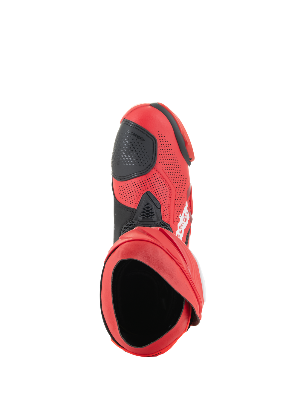 Alpinestars Supertech R Vented-stövlar, racingstövlar, klarröda och röd fluo, vy uppifrån som visar stövelöppningen, perforerad ovandel i mikrofiber med svart växelplatta, professionella racingstövlar för bana och väg
